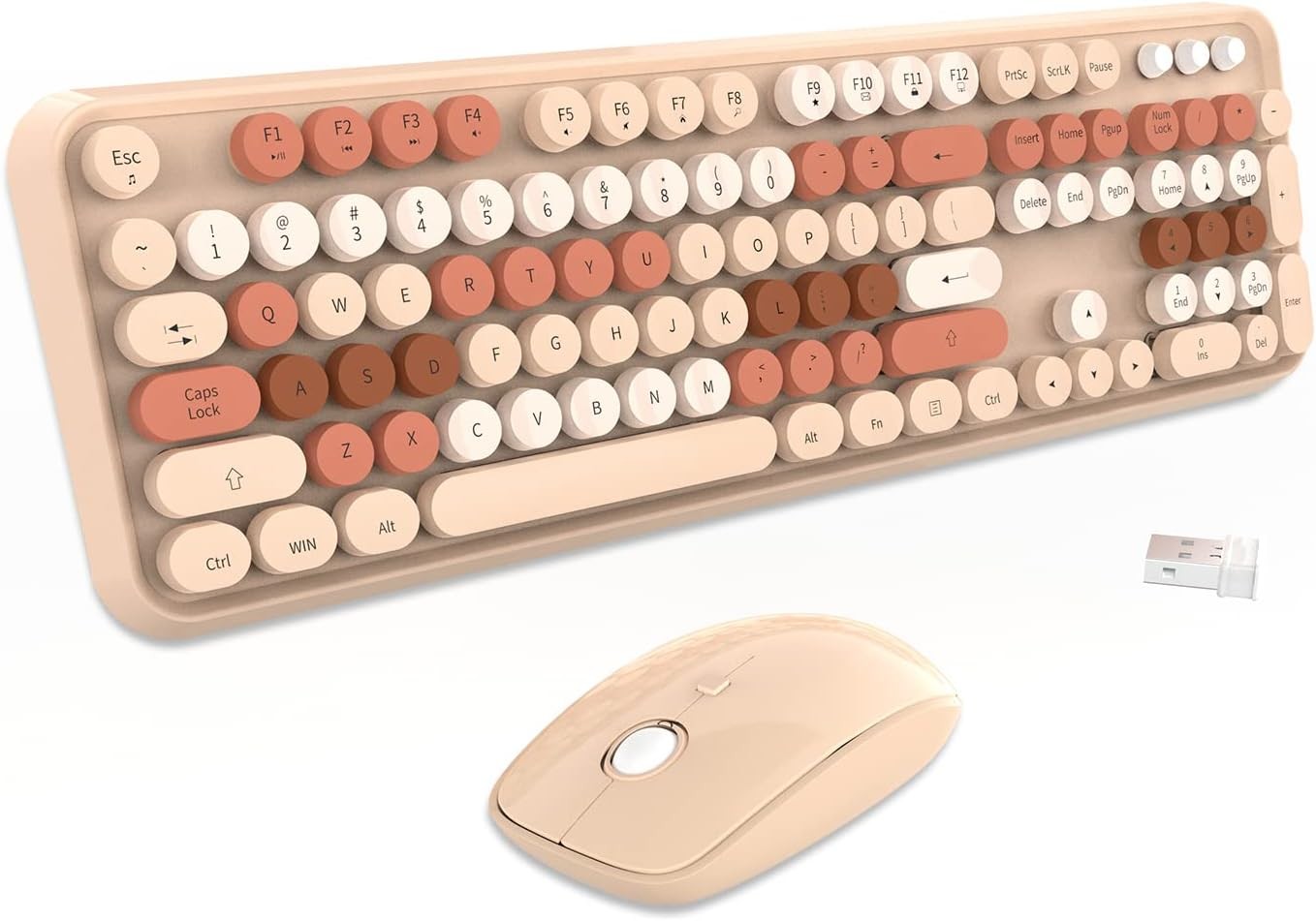 Wireless Keyboard and Mouse Combo Full Size 104 Round Keycaps Retro Typewriter