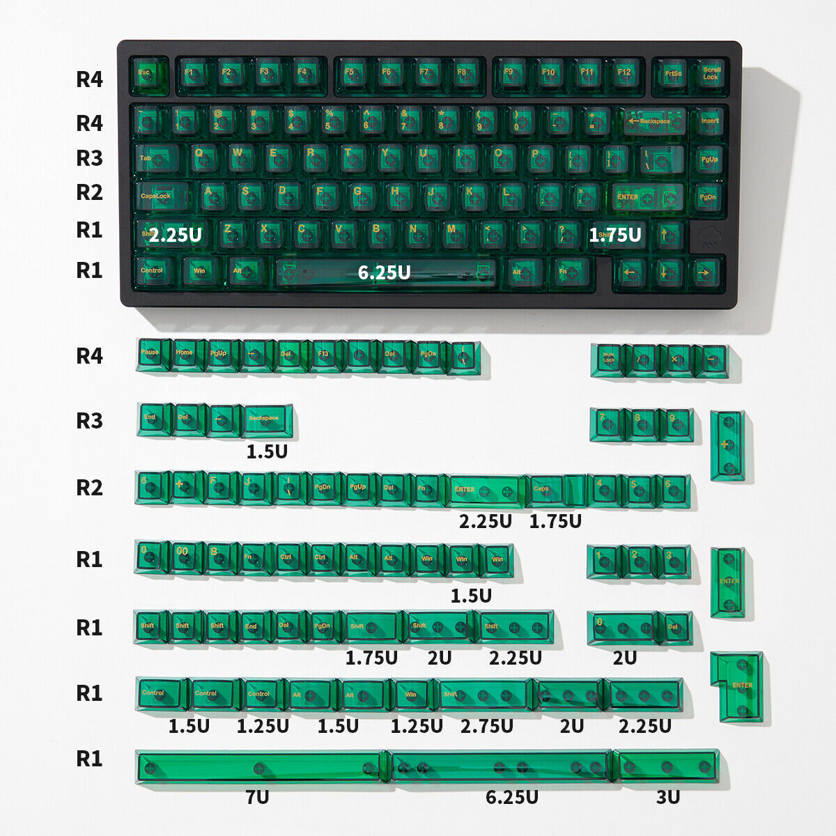 PC UV-print Jade Green/Agate Pink Transparent Keycaps Cherry Profile for MX