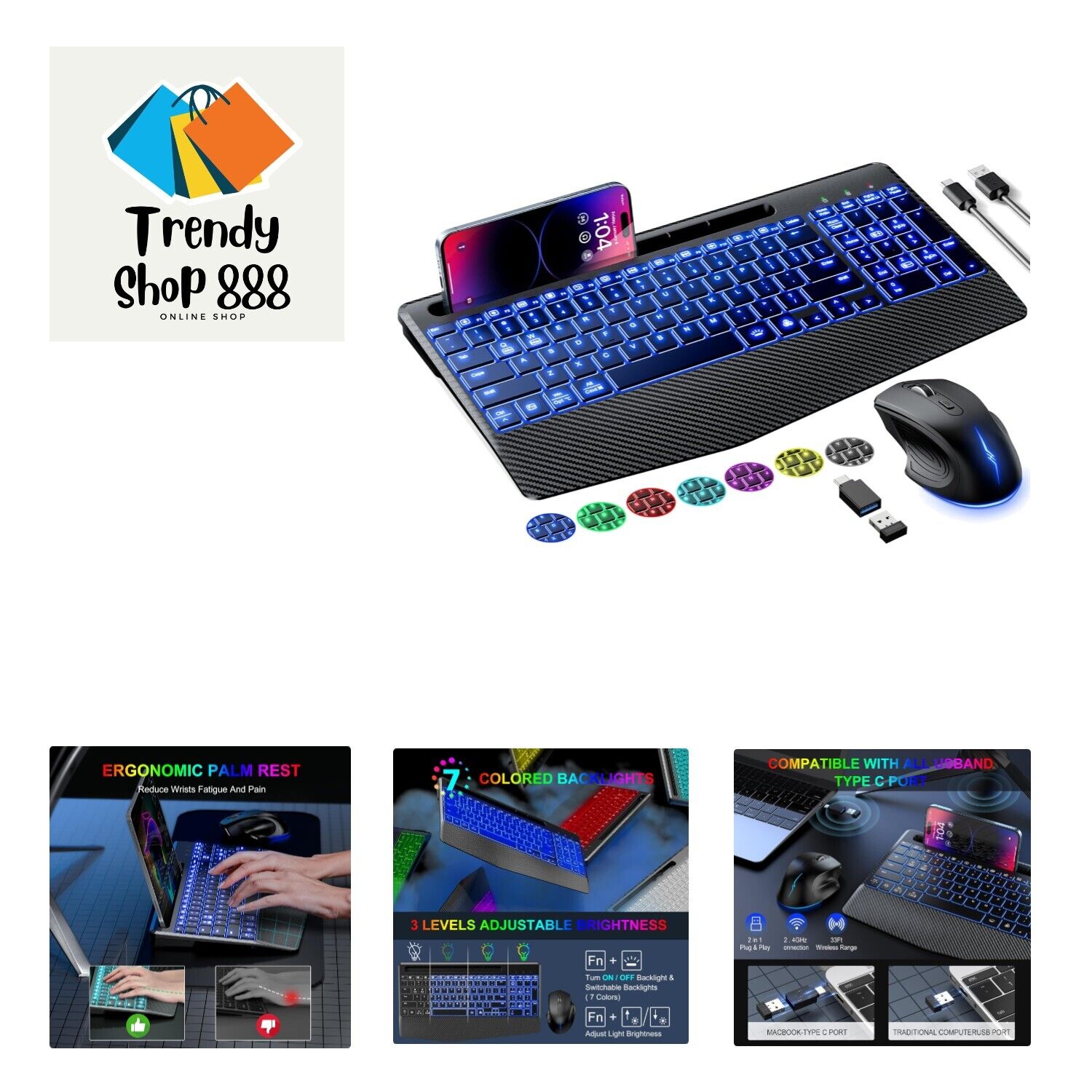 Wireless Keyboard and Mouse, Ergonomic Keyboard Mouse - RGB Backlit, Recharge...
