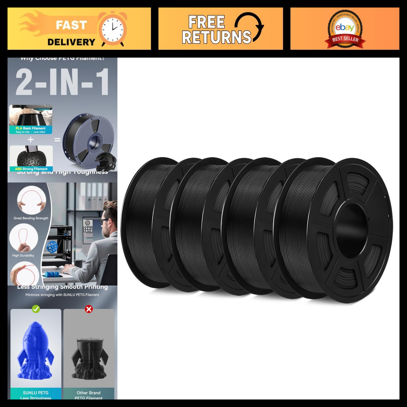 High-Quality PETG Filament 1.75mm - 4kg Total, 2 Black Rolls for 3D Printing