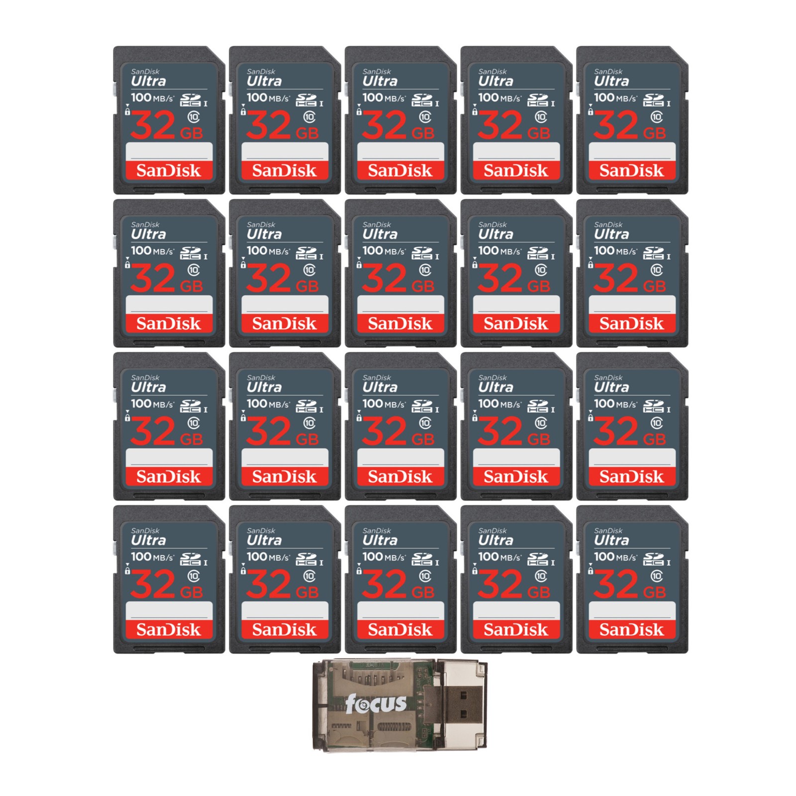 SanDisk 32GB Ultra SDHC UHS I Memory Card 20 pack with Focus Card Reader