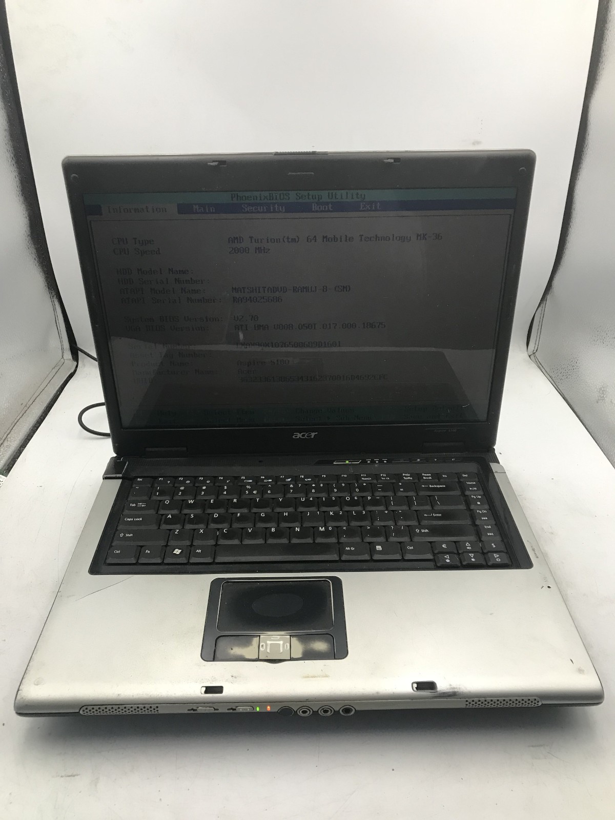 ACER ASPIRE 5100 - BOOTS TO BIOS - AMD TURION 64 - 2GB RAM - READ DESCRIP - BB