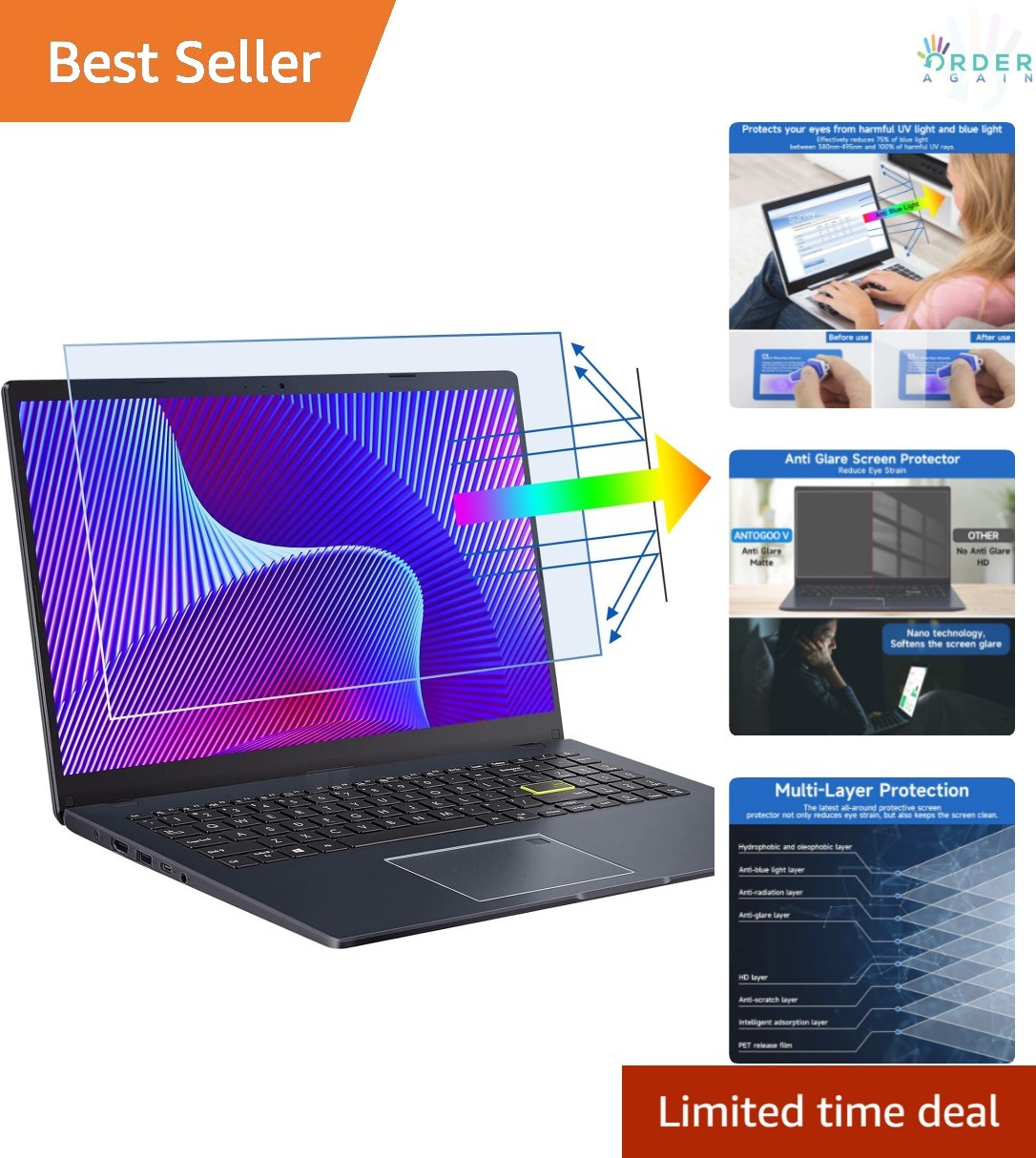 2 Pack 15.6 Inch Blue Light Screen Protectors Anti-Glare Anti-Fingerprint Eye...