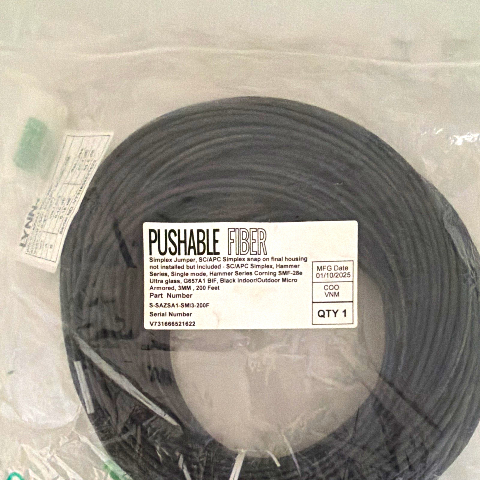 LYNN SC/APC-SC/APC Single-Mode Armored Fiber Cable 200 ft Black