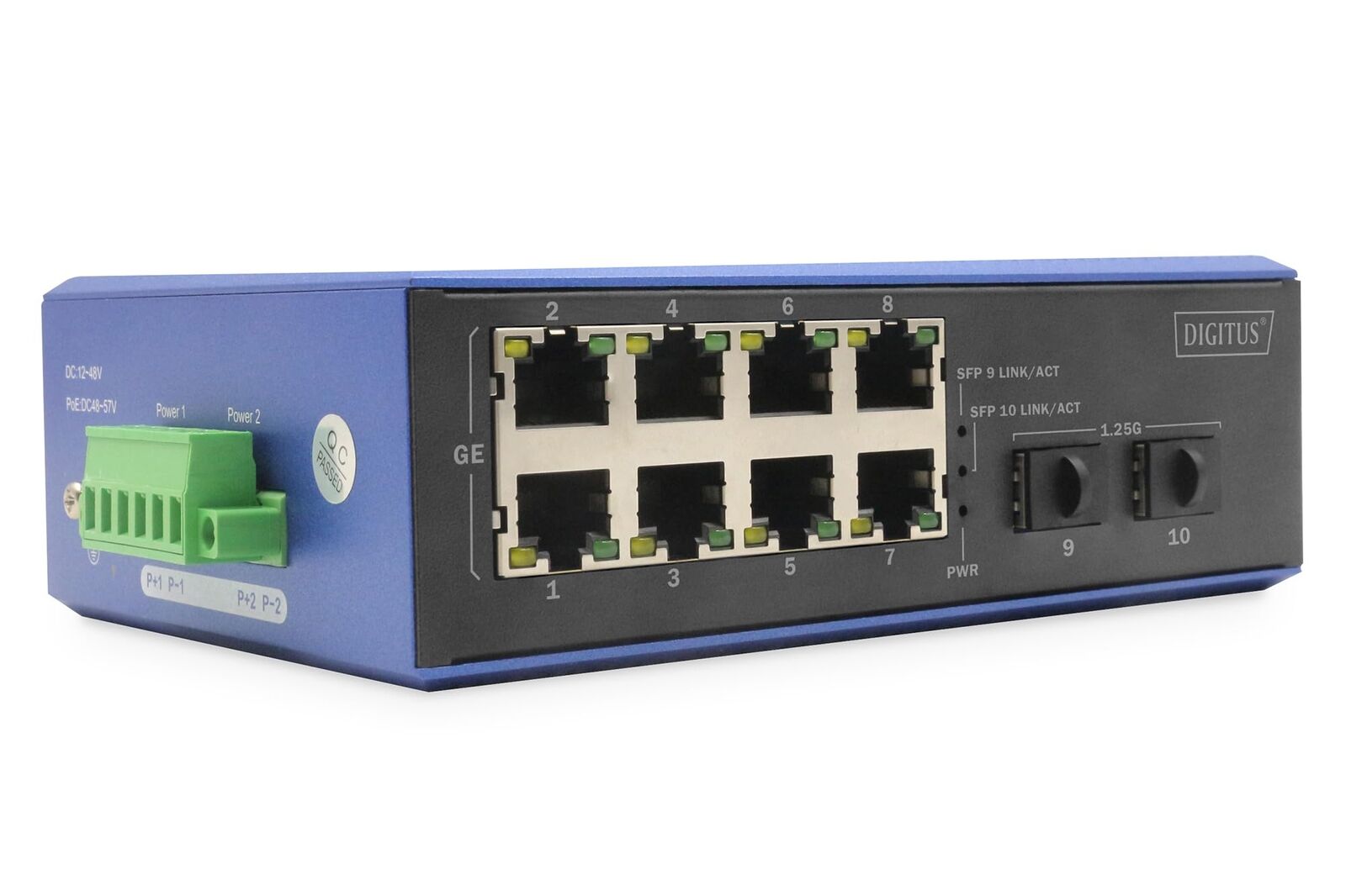 DIGITUS industrieller 10 Port Gigabit Ethernet Switch - 8 RJ45 Ports - 2 SFP-Por