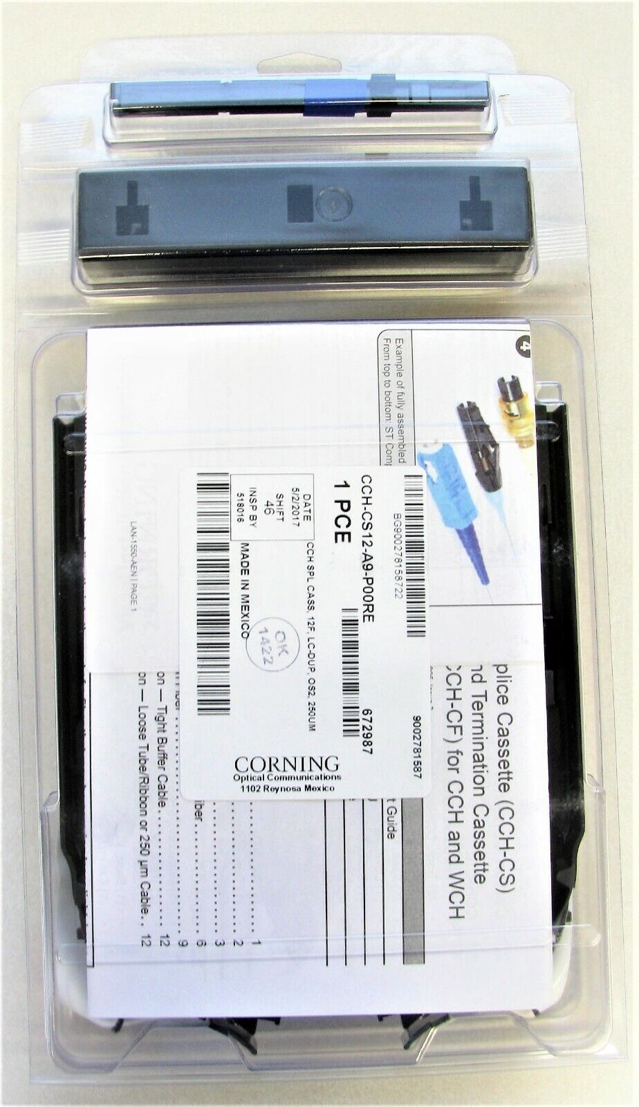 Corning CCH-CS12-A9-P00RE Pigtailed Splice Cassette 12 F, LC Duplex SM, OS2, UPC