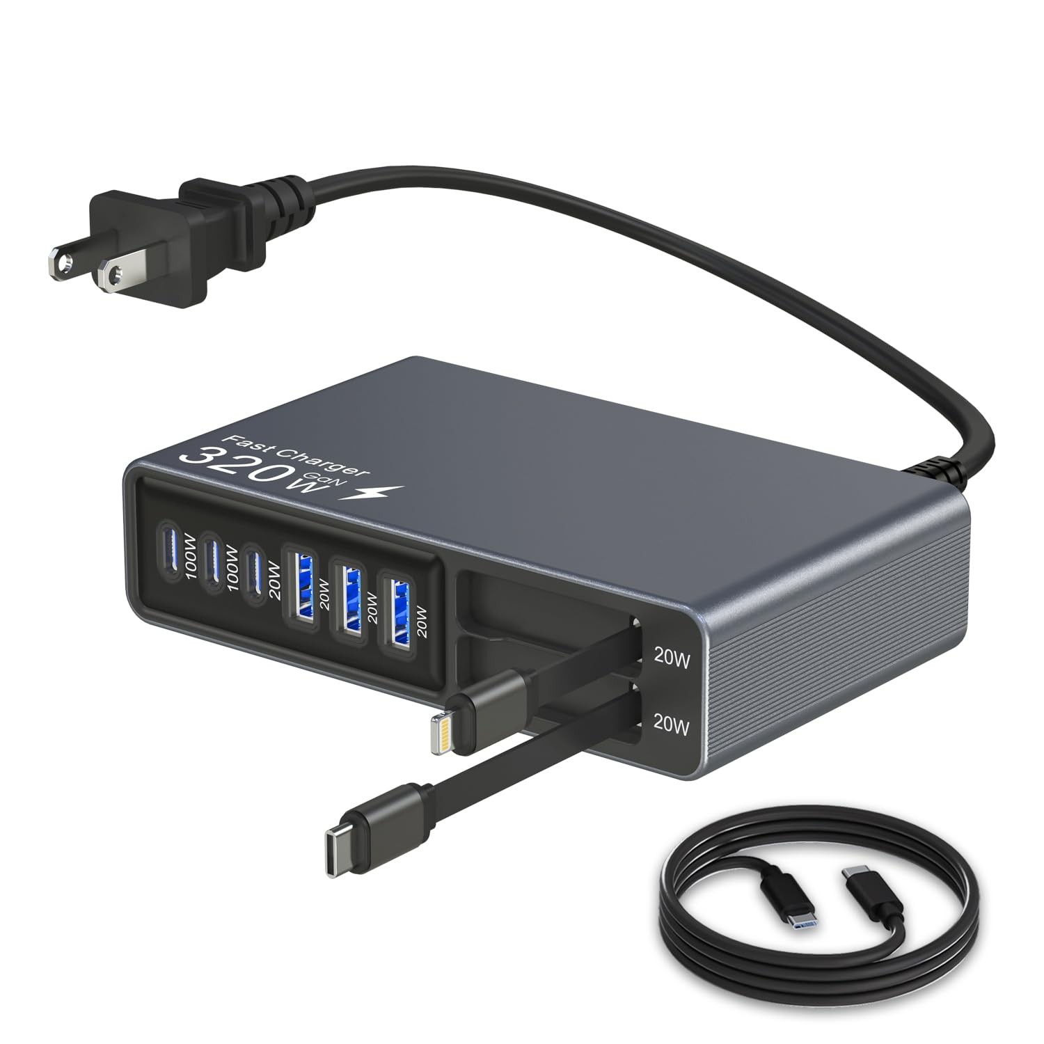 X-Star 320W 8-Port Retractable USB C Charger Block Charging black