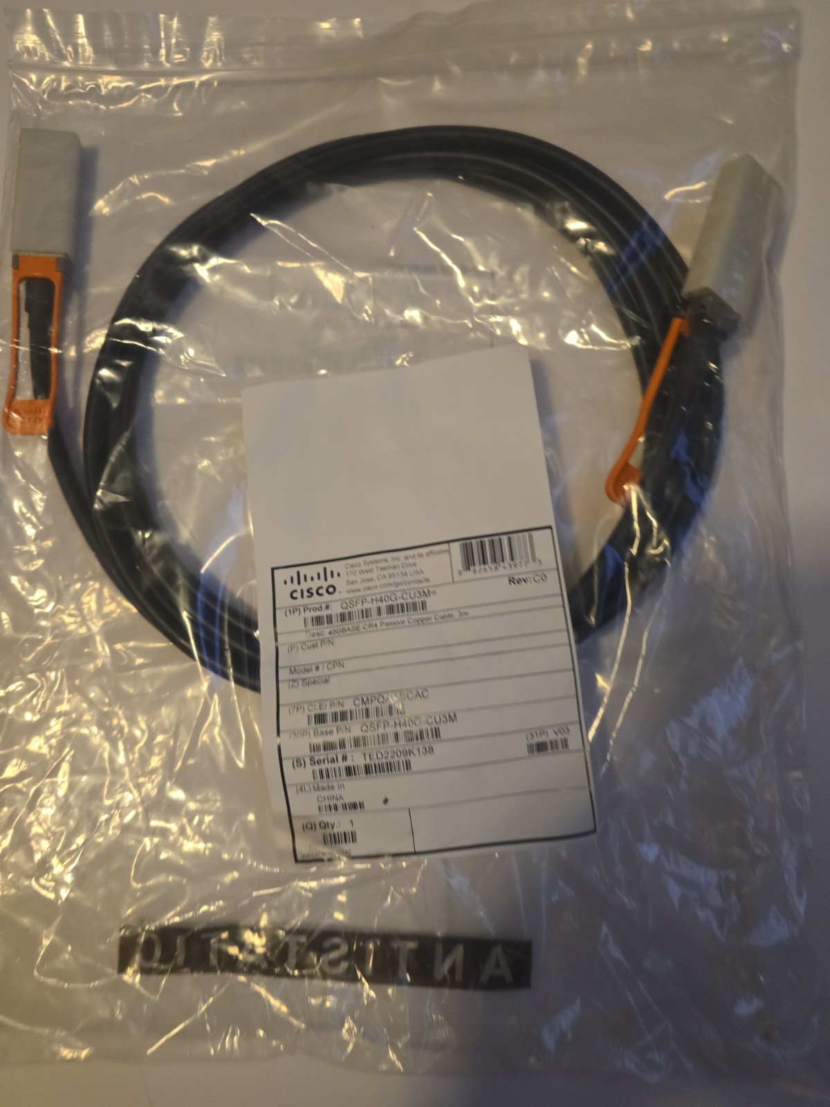 Cisco QSFP-H40G-CU3M 40GBASE-CR4 QSFP+ Passive Copper DAC Cable 3M NEW