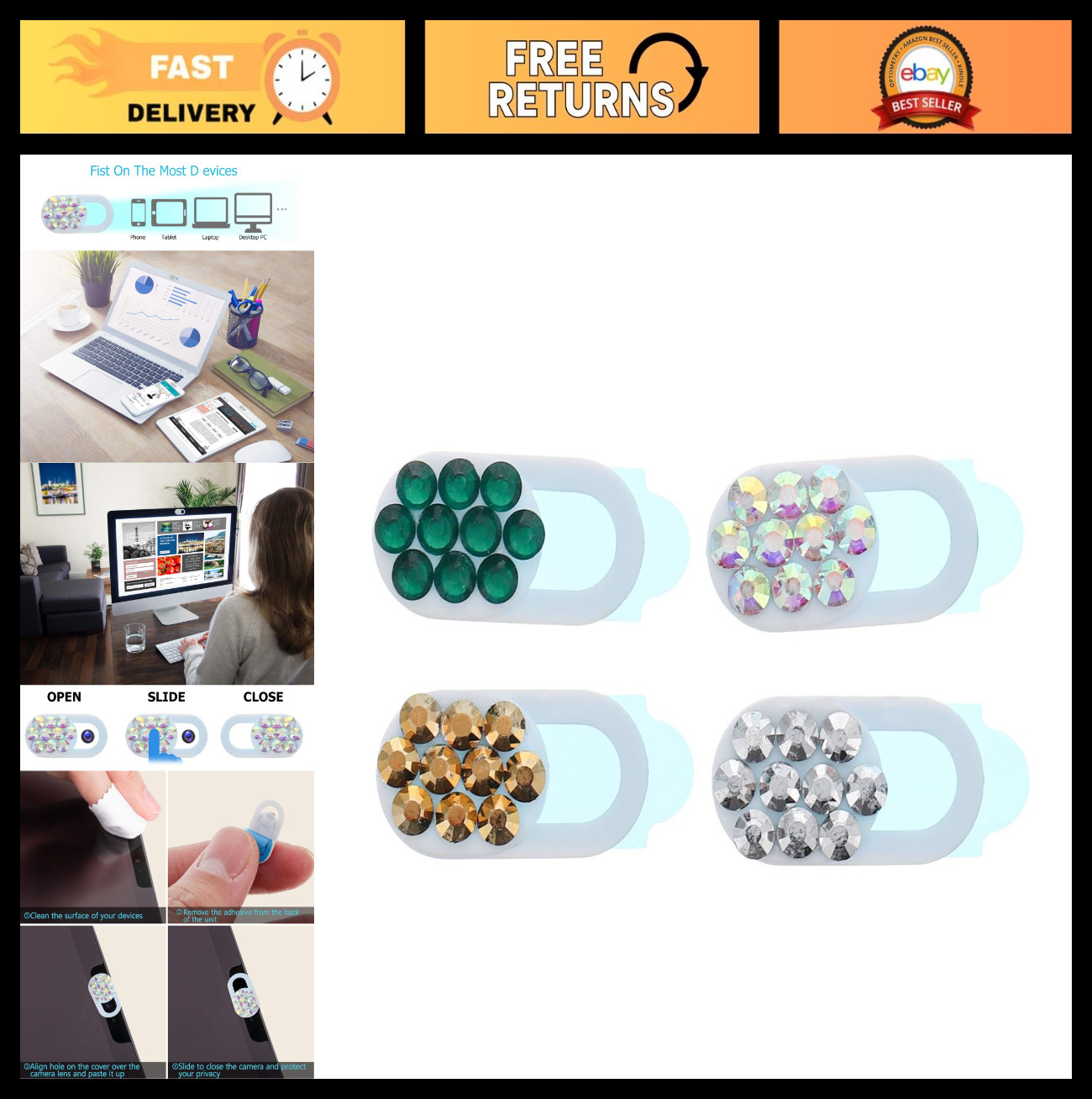 4Pcs Rhinestone Webcam Privacy Covers - Durable Slide for Laptop, Phone & Tablet