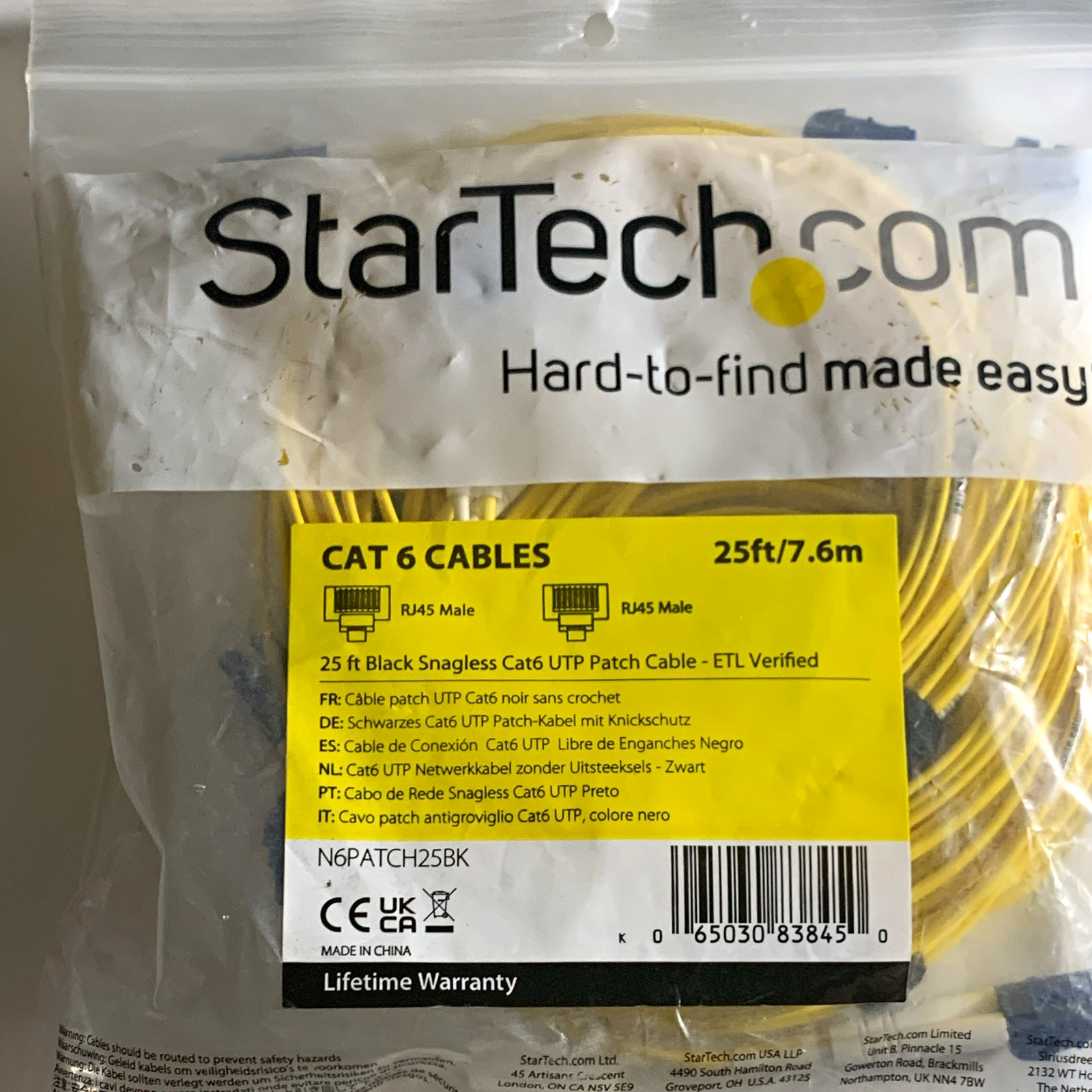 StarTech.com Cat6 Snagless Ethernet Patch Cable 25ft Black RJ-45 to RJ-45