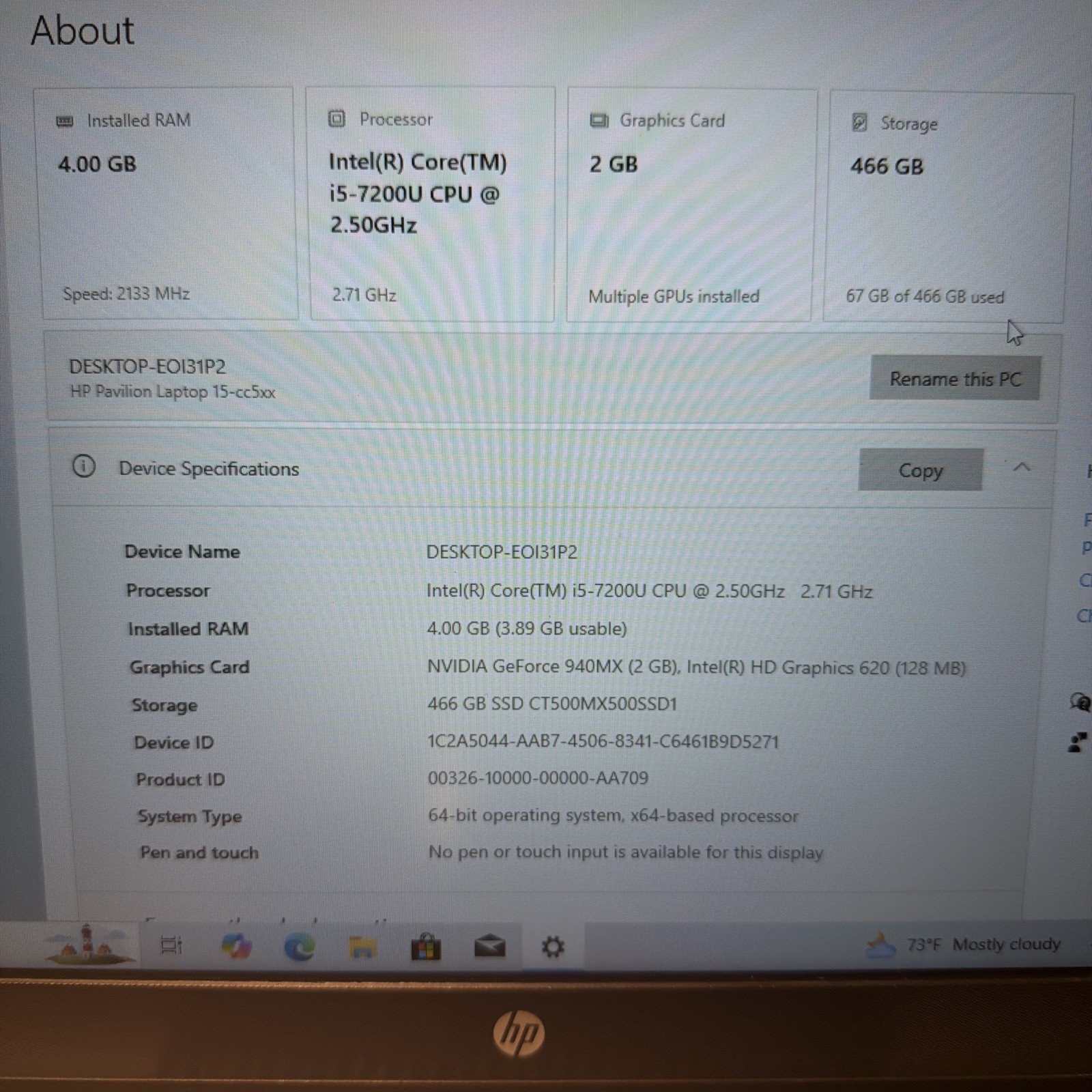 Hp Pavilion 15-cc 708tx 15.6” Intel i5 7th Gen Nvidia 940MX 500GB SSD READ