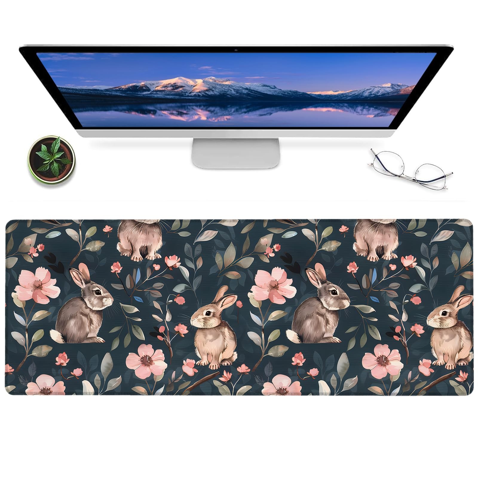 12x31.5 Inch Cute Bunny Floral Gaming Mouse Pad NonSlip Rubber Desk Mat