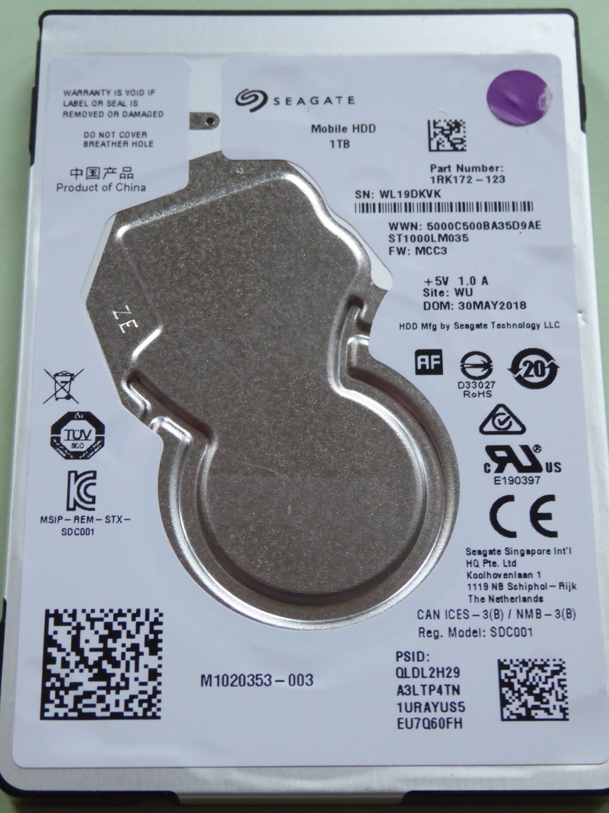 Seagate ST1000LM035 | WL1 | 30MAY2018 | FW: MCC3 | WU | PN: 1RK172-123 | 1TB #49