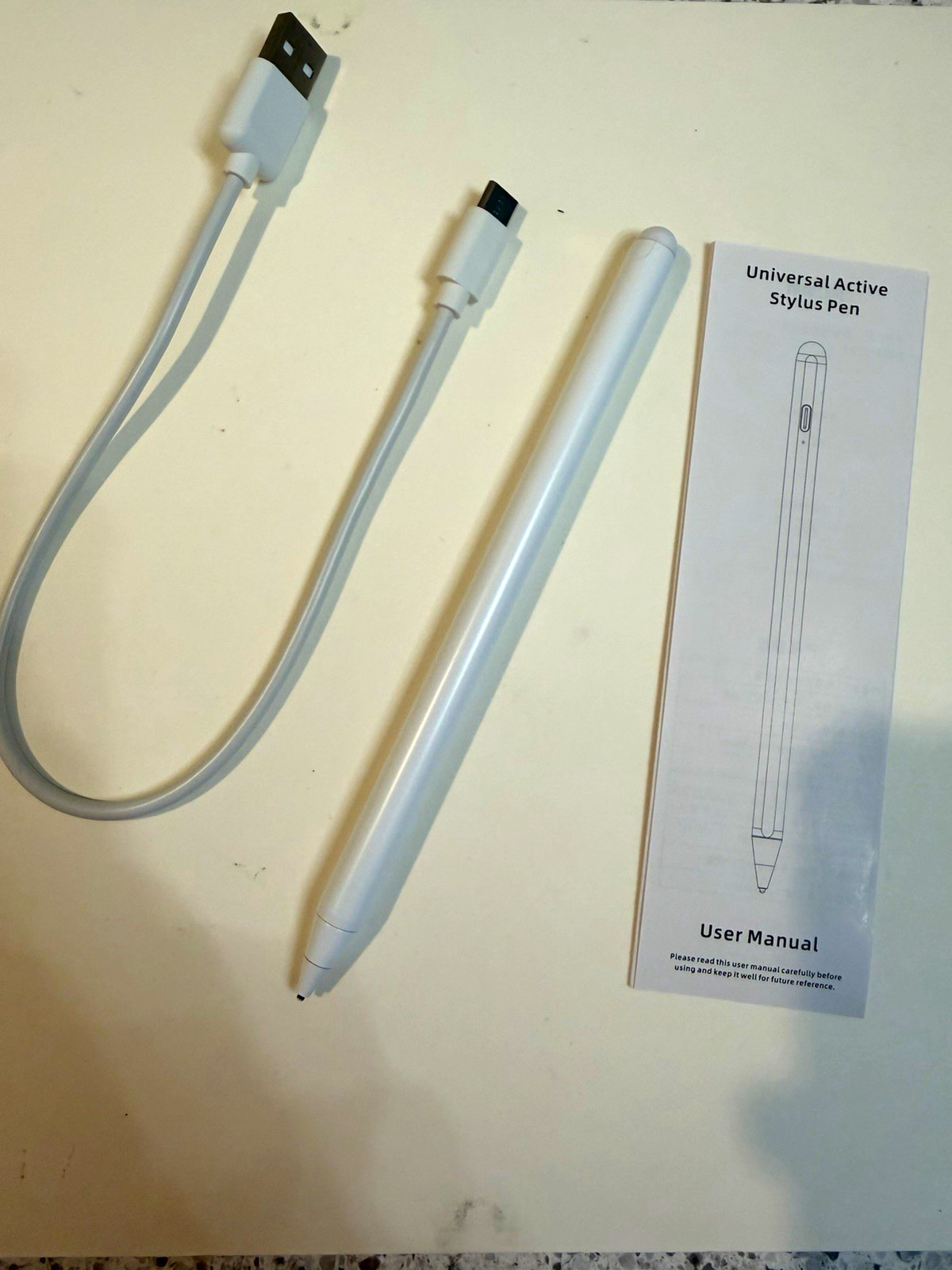 Universal Active Rechargeable Stylus Pen, White, USB Charging Cable Included