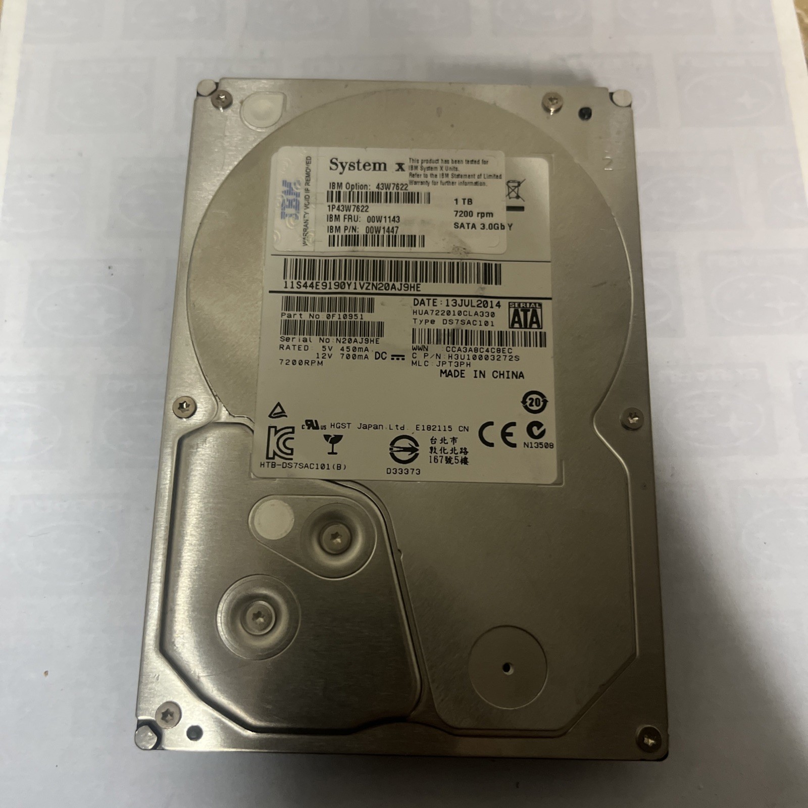 IBM System X Hitachi 43W7622 1TB 7200 RPM SATA 3.0Gb/s 3.5" Hard Disk 00W1143