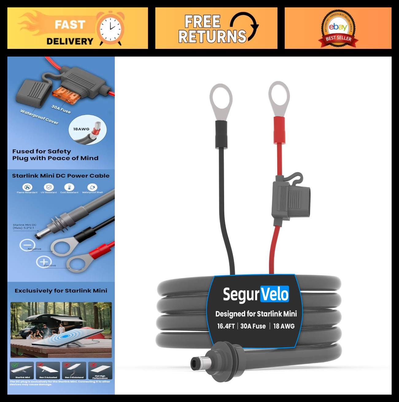 10FT Weatherproof 18AWG DC Extension Cable with Fuse Holder for Off-Road, RV, Ma