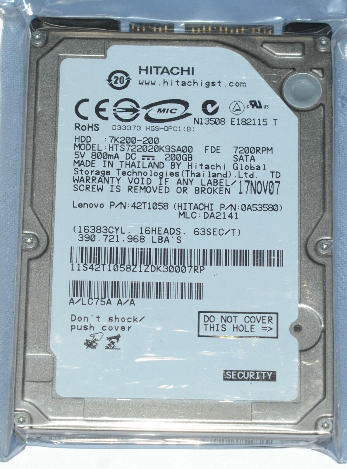 Hitachi HTS722020K9SA00 P/N: 0A53580 200GB SATA 2.5 in Laptop Hard Drive