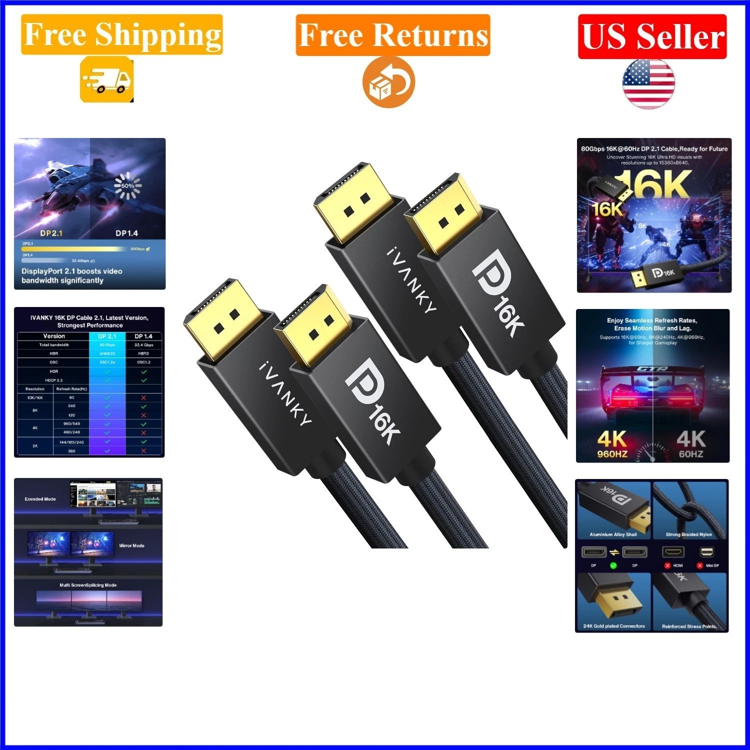 80Gbps 16K DisplayPort Cable 6.6ft 2-Pack - Black, Braided, DP 2.1