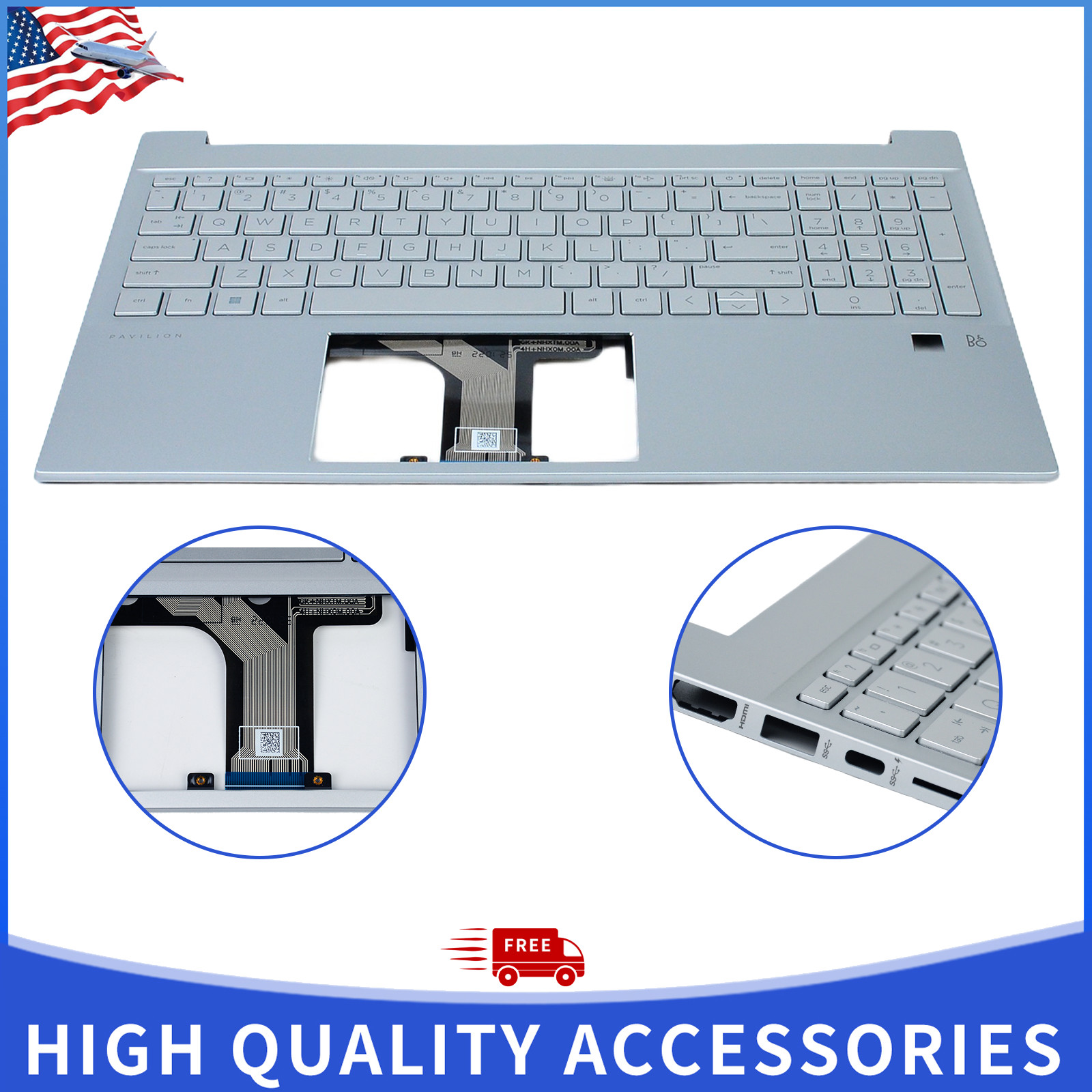 Silver US Backlit Keyboard Palmrest for HP Pavilion 15-EH/15-EG M08910-001 SD FP