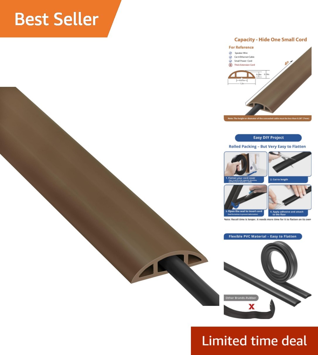 Compact 4ft Brown Cable Cover - Anti-Trip Self-Adhesive Cord Hide Protector