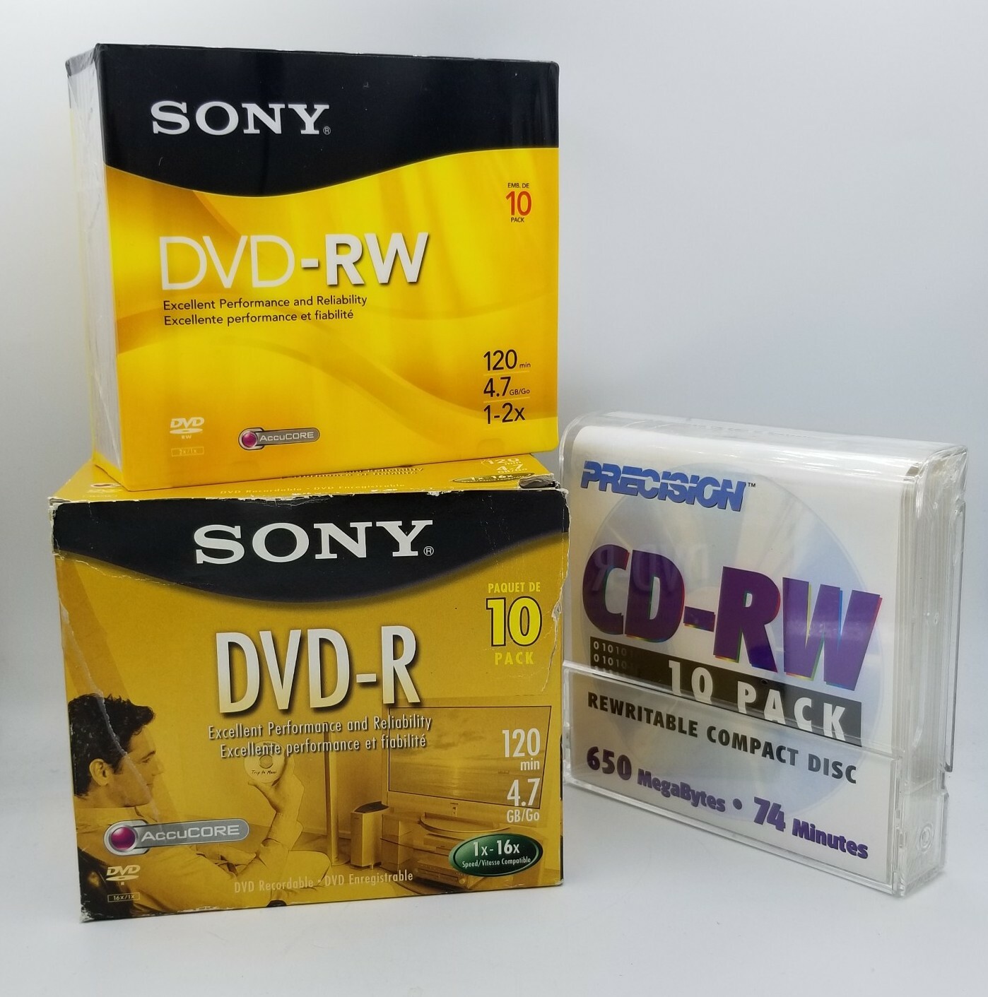 LOT of Sony DVD-R (10 Pack new open box) AND DVR-RW (10 Pk sealed) + CD-RW 10 pk
