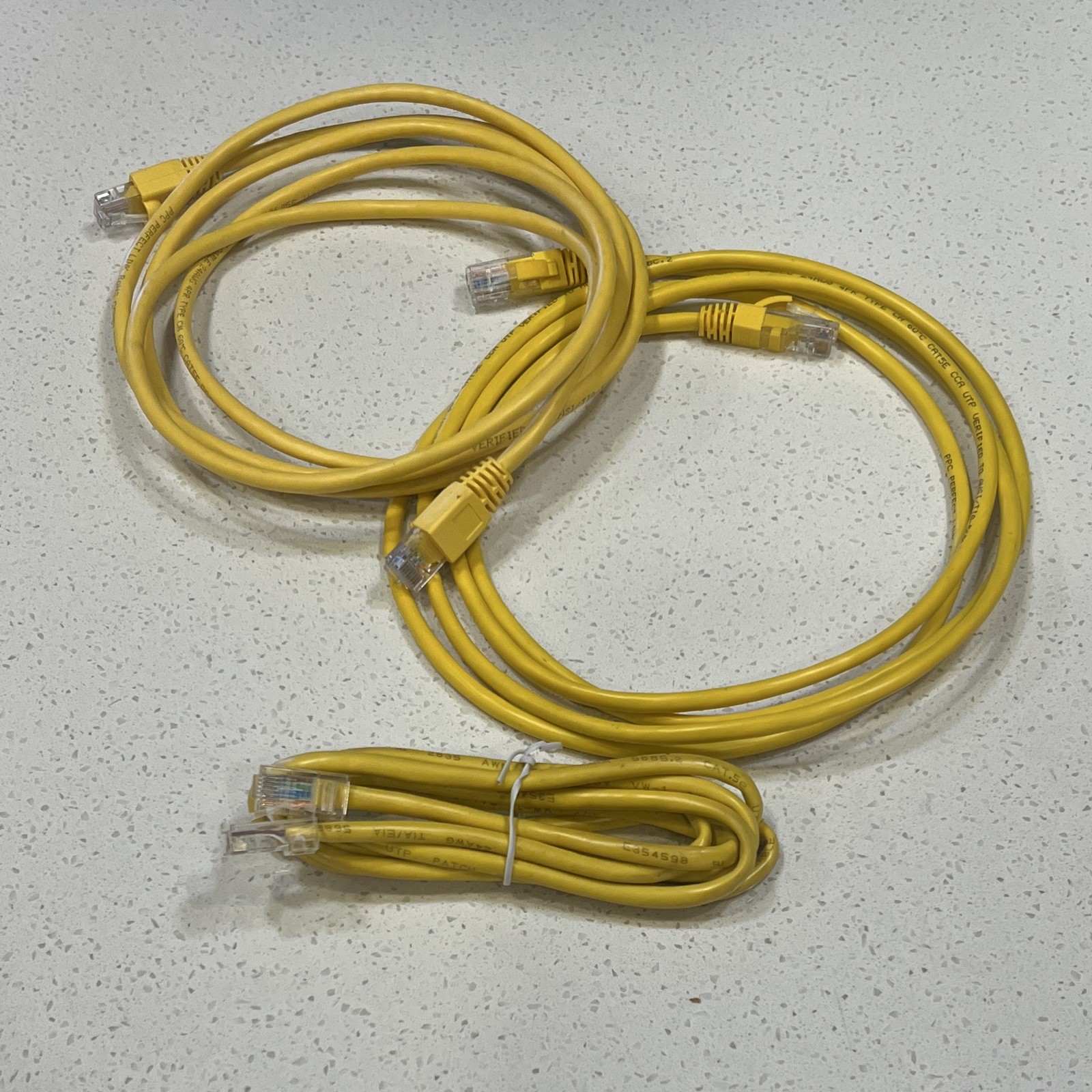 Lot of 3 Yellow RJ-45 to RJ-45 Ethernet Network Patch Cables,  1 ft
