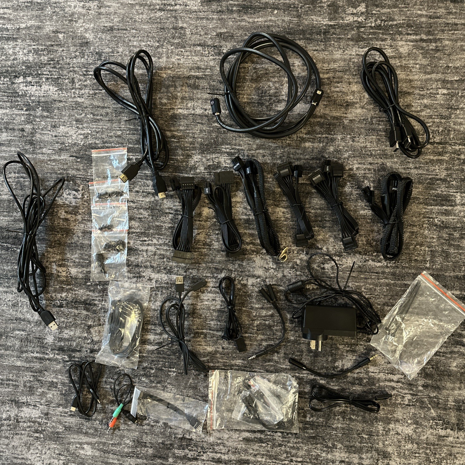 20+ Mixed Computer PC Cable Lot PSU Power Data Cords Adapter Screws Zip Ties