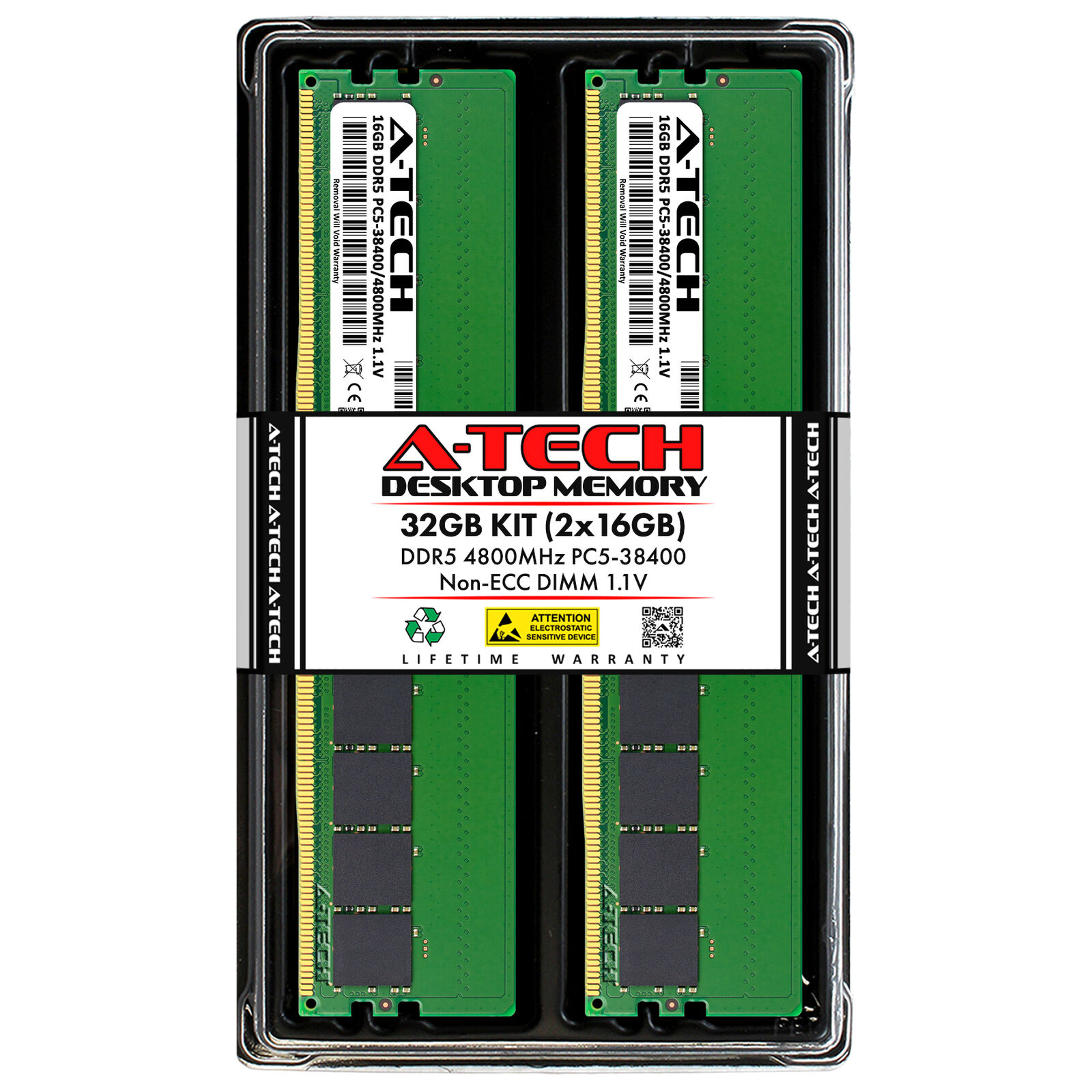 A-Tech 32GB Kit 2 x 16GB DDR5 4800 MHz PC5-38400 Desktop 288-Pin DIMM Memory RAM