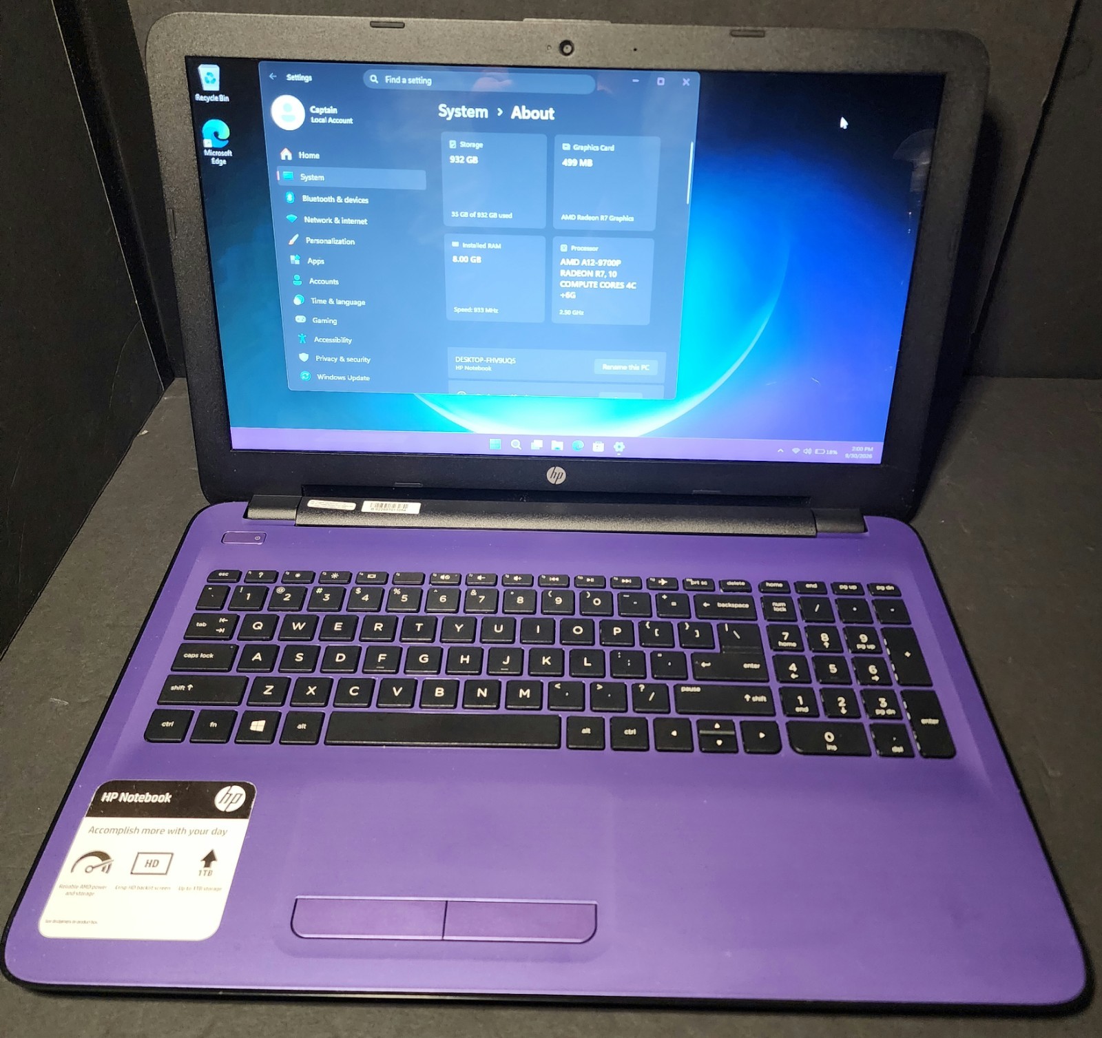 HP 15 Purple Laptop AMD A12 9700P 8GB 1TB Radeon R7 Windows 11 German Import