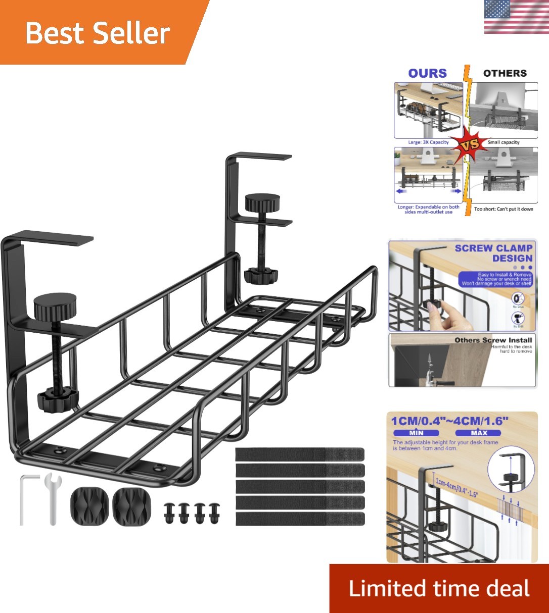Ultimate 15.7" Under Desk Wire Management Tray – Scratch-Resistant Clamp Design