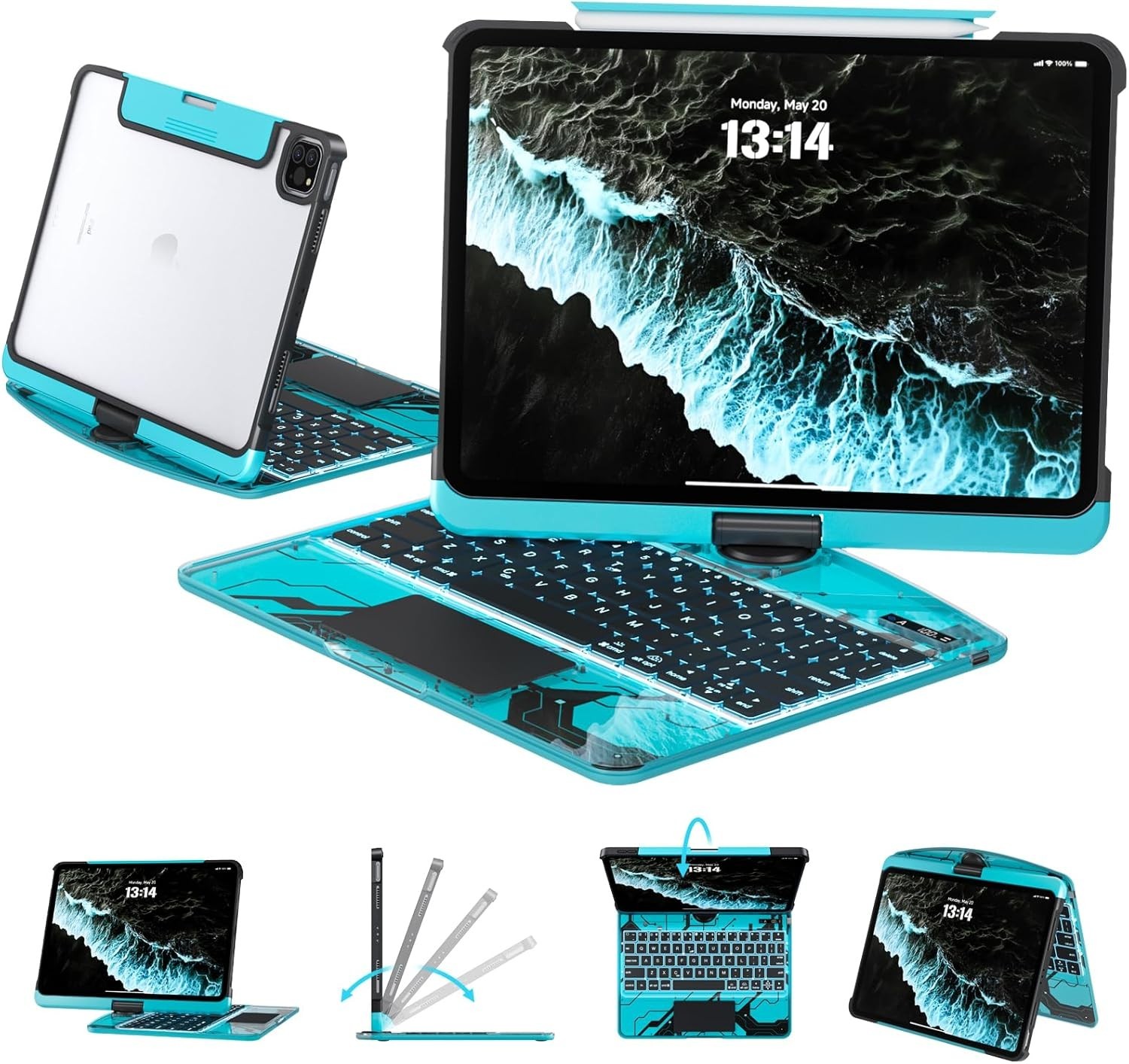 Shockproof Rotating Keyboard Case iPad Pro Air 5 4 10th - Trackpad Clear Pencil