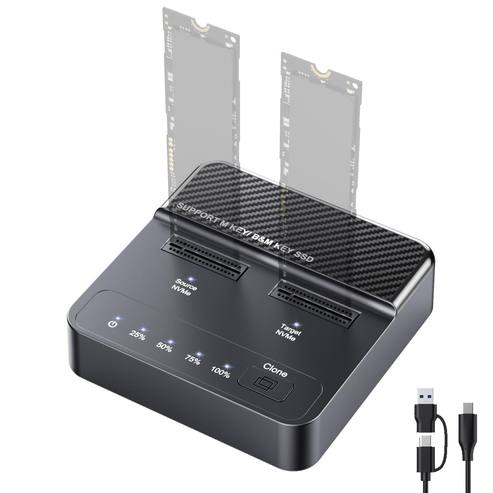 Dual Bay NVMe SSD Cloner Duplicator 20Gbps USB 3.2 Gen 2x2 M.2 Enclosure Dock
