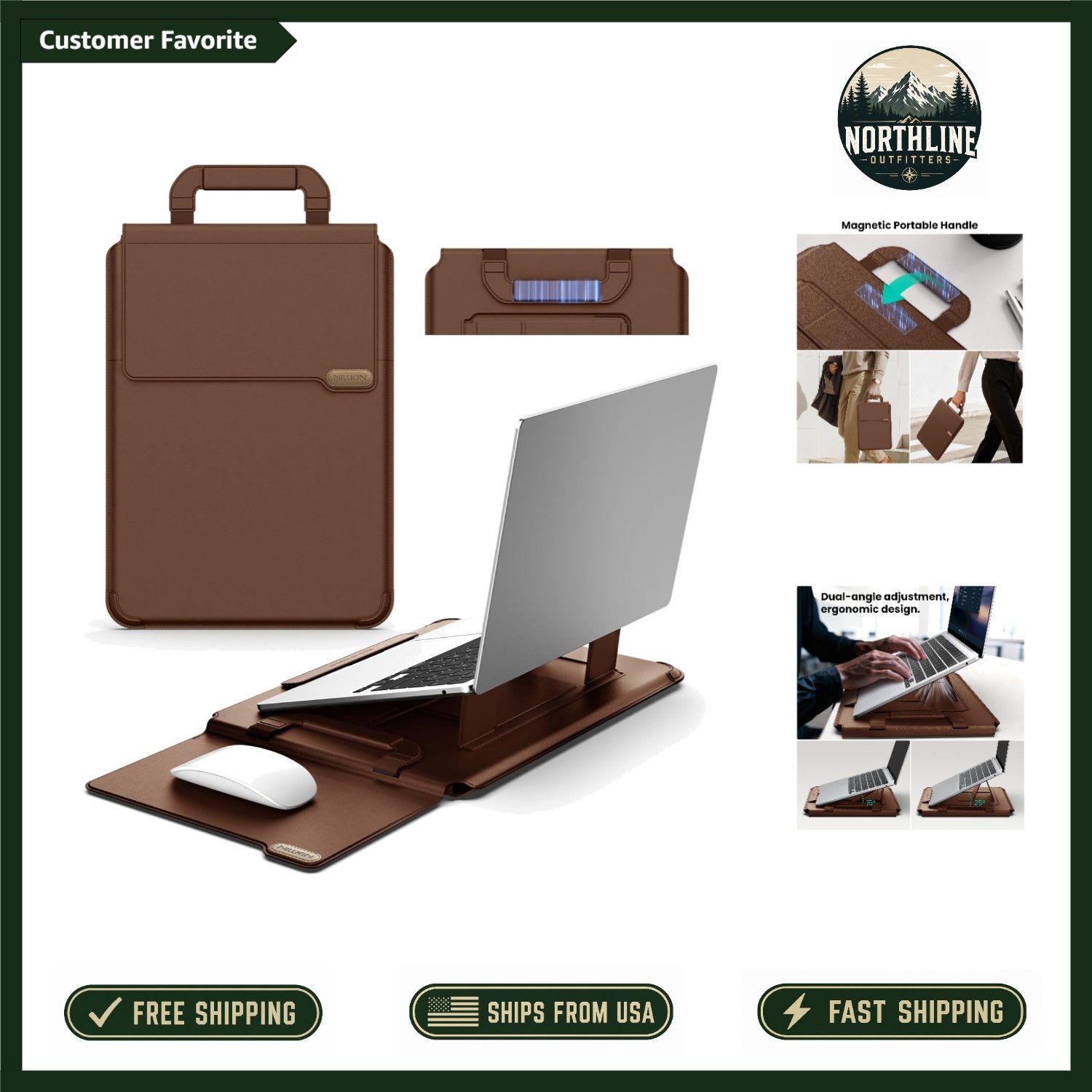 Brown 14 Inch Laptop Sleeve with 2 Stand Modes & Mouse Pad Convenience