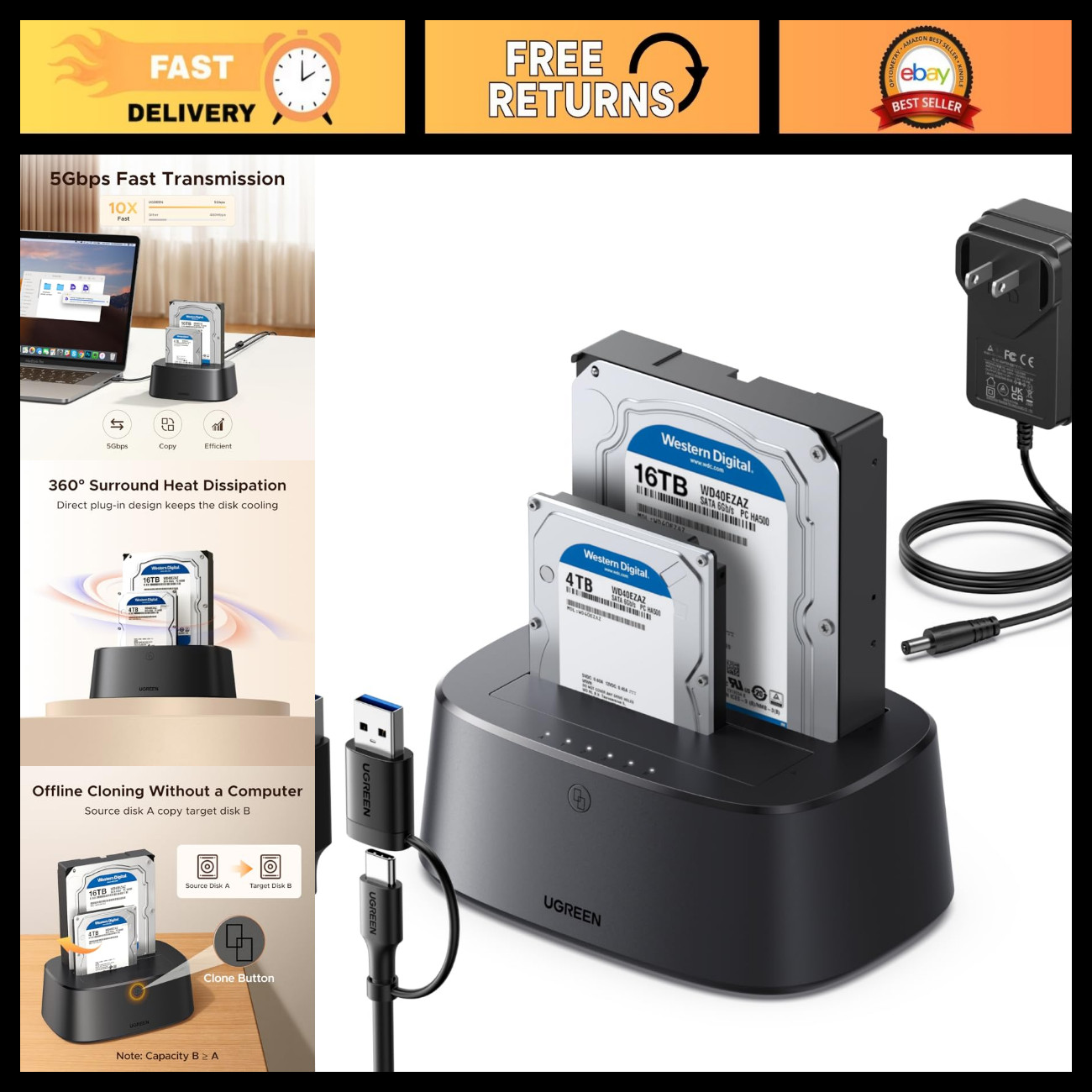 Dual-Bay Hard Drive Docking Station for 2.5" & 3.5" SSD/HDD - Supports 48TB Stor