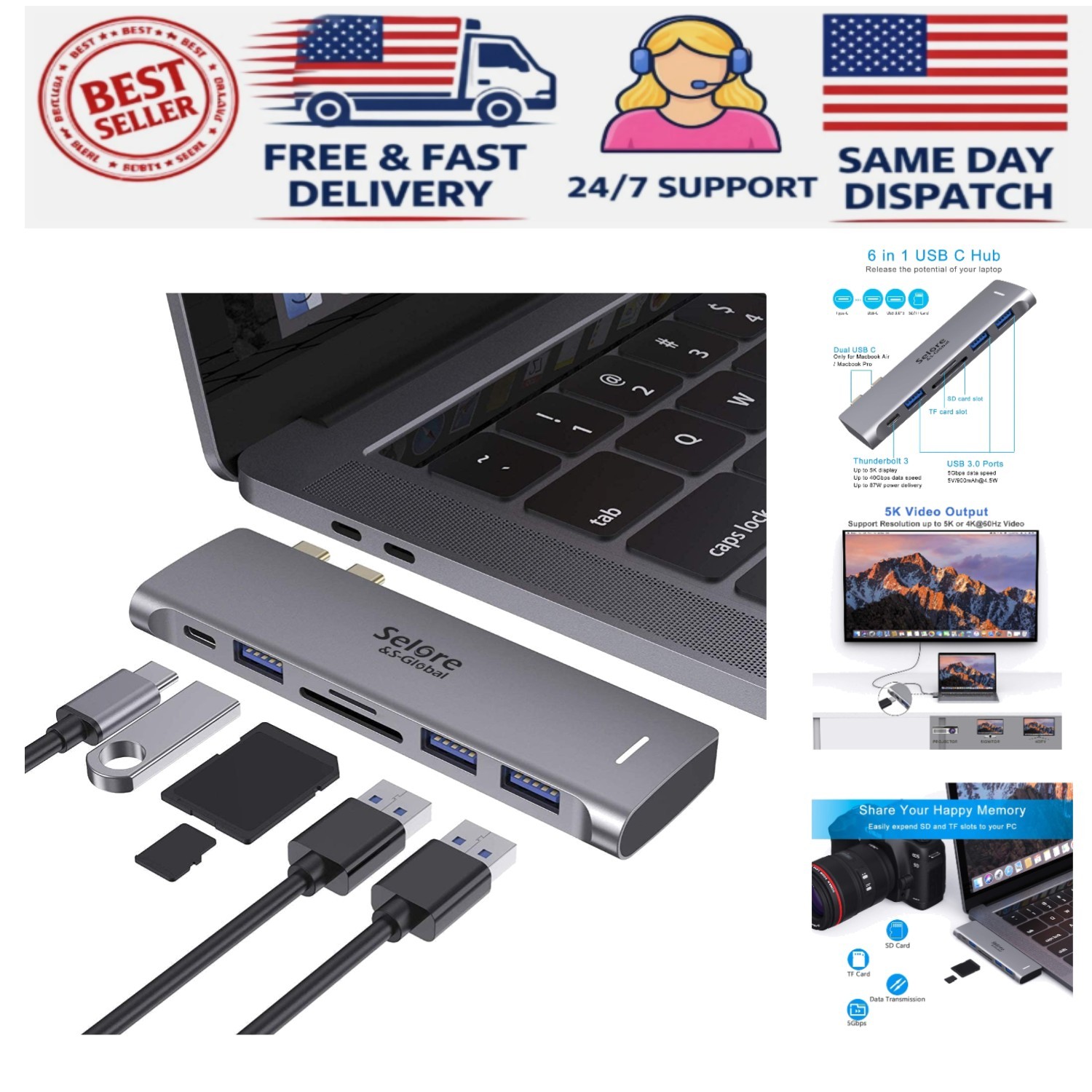 6-in-1 USB-C Hub for MacBook Pro/Air with 100W Thunderbolt 3 & 3 USB Ports