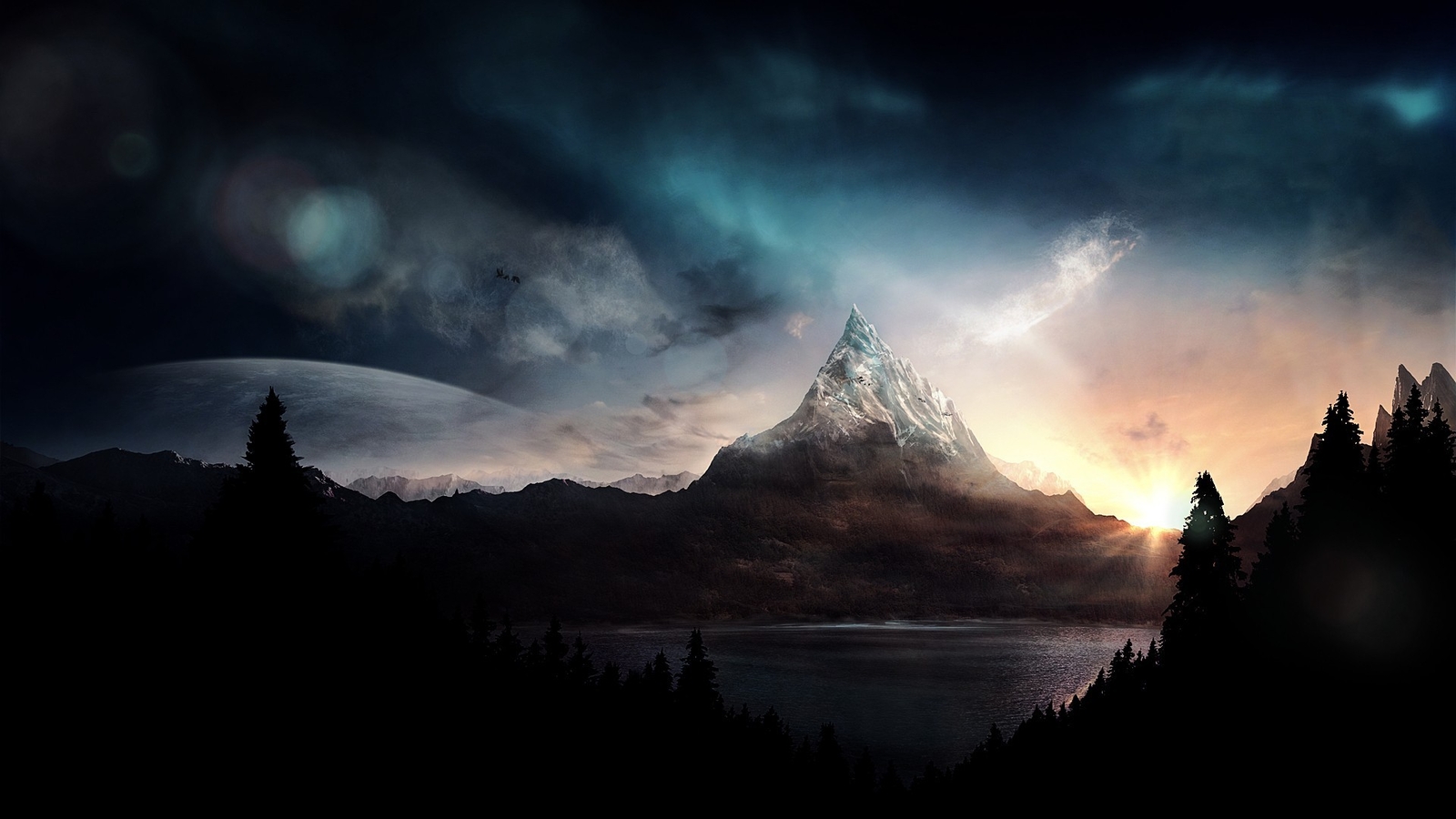 Landscape mountains forest art nature lake clear sky sun Custom Gaming Mat Desk