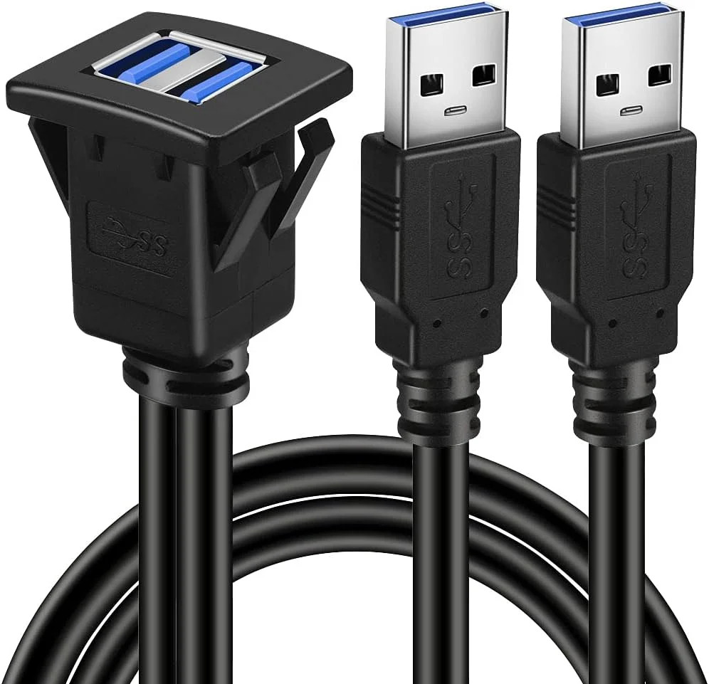 Dual Ports Square USB 3.0 Panel Flush Mount Extension Cable with Buckle for Car