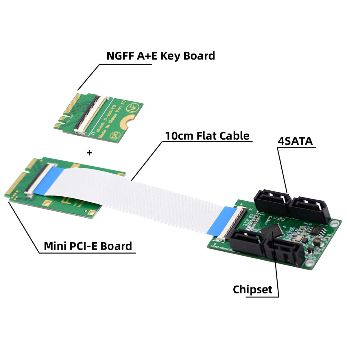 Jimier Mini PCI-E & NGFF A+E Key to 4 SATA 3.0 Port Multiplier Extension Adapter