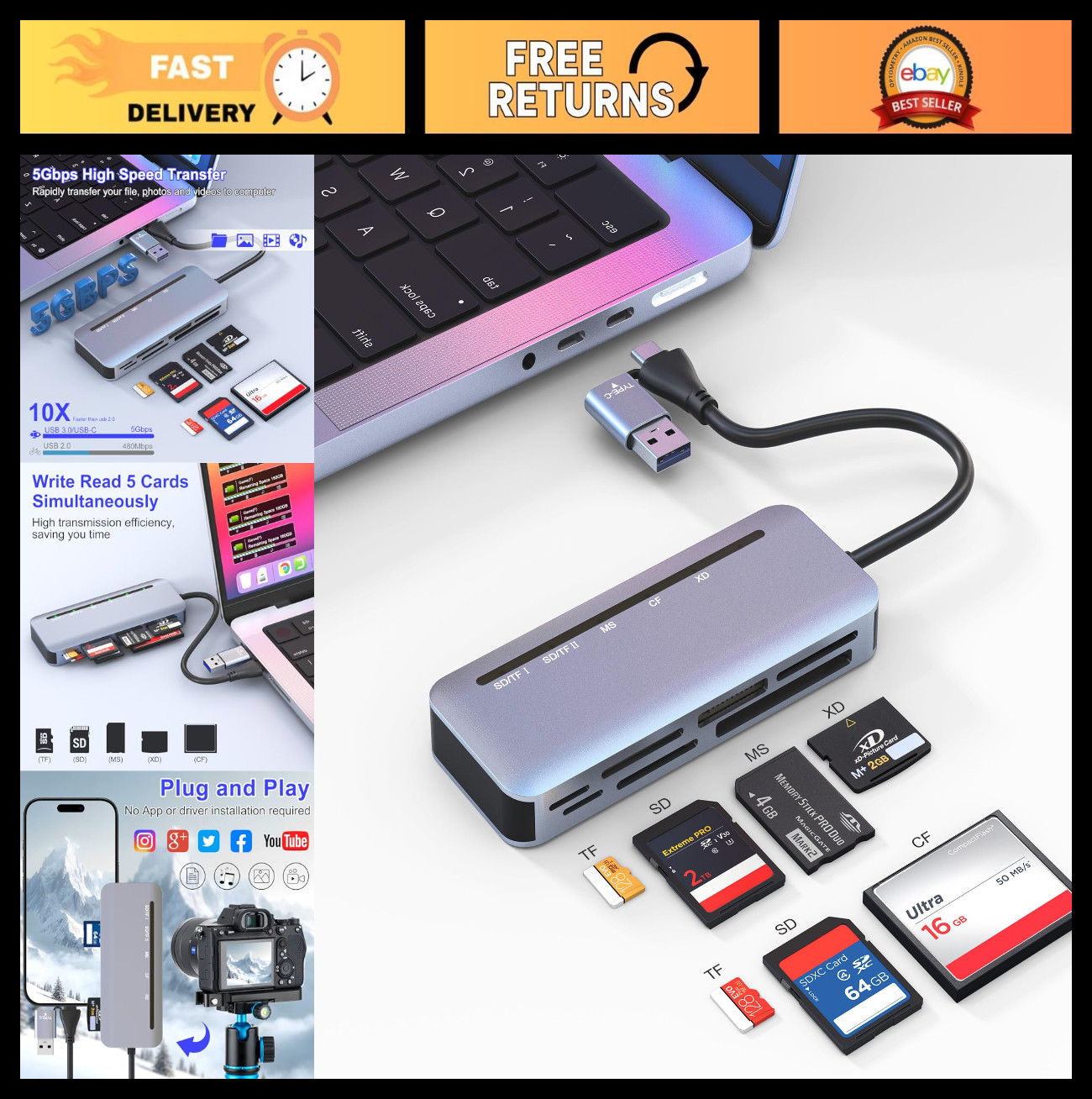 7-in-1 USB-A/USB-C Multi Memory Card Reader for SD/TF/MS/XD/CF Cards, iPhone, An