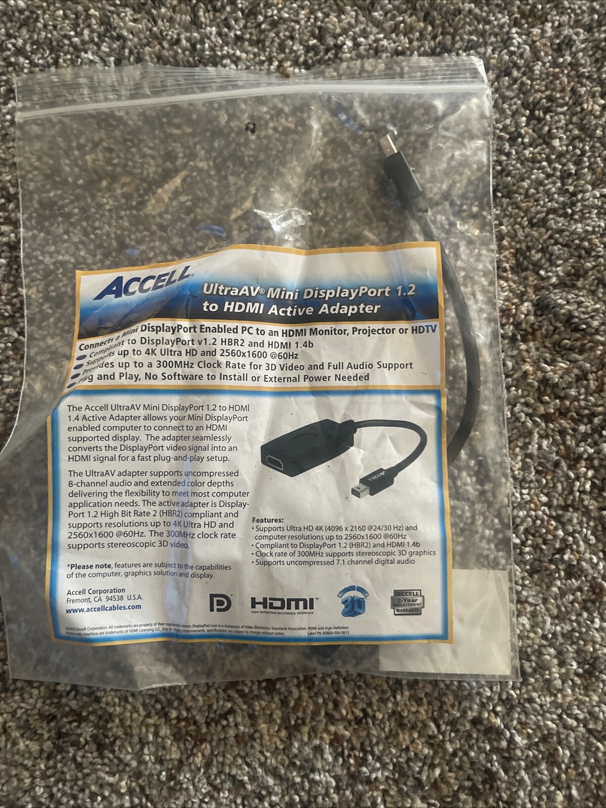 New Accell B086B-007B-2 UltraAV Mini Displayport 1.2 to HDMI Active Adapter