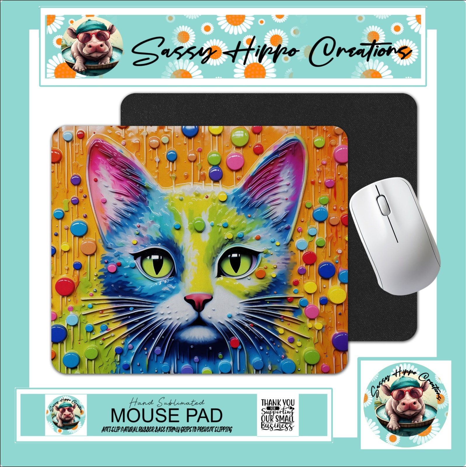 Mouse Pad Cat Kitten Pop Art Colorful Abstract Anti Slip Back Easy Clean Durable