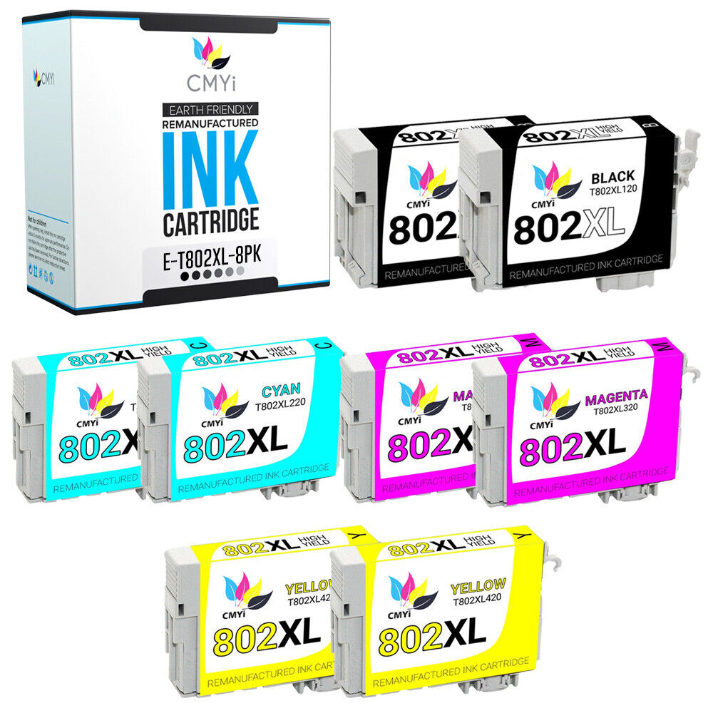 8PK 802XL Black Color Replacement Ink Cartridges for Epson T802XL 802 XL Combo