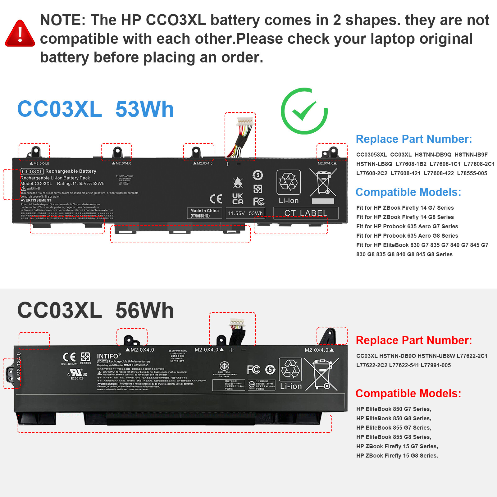 2 TYPES CC03XL Battery for HP EliteBook 830 835 840 850 855 G7 G8 HSTNN-LB8Q