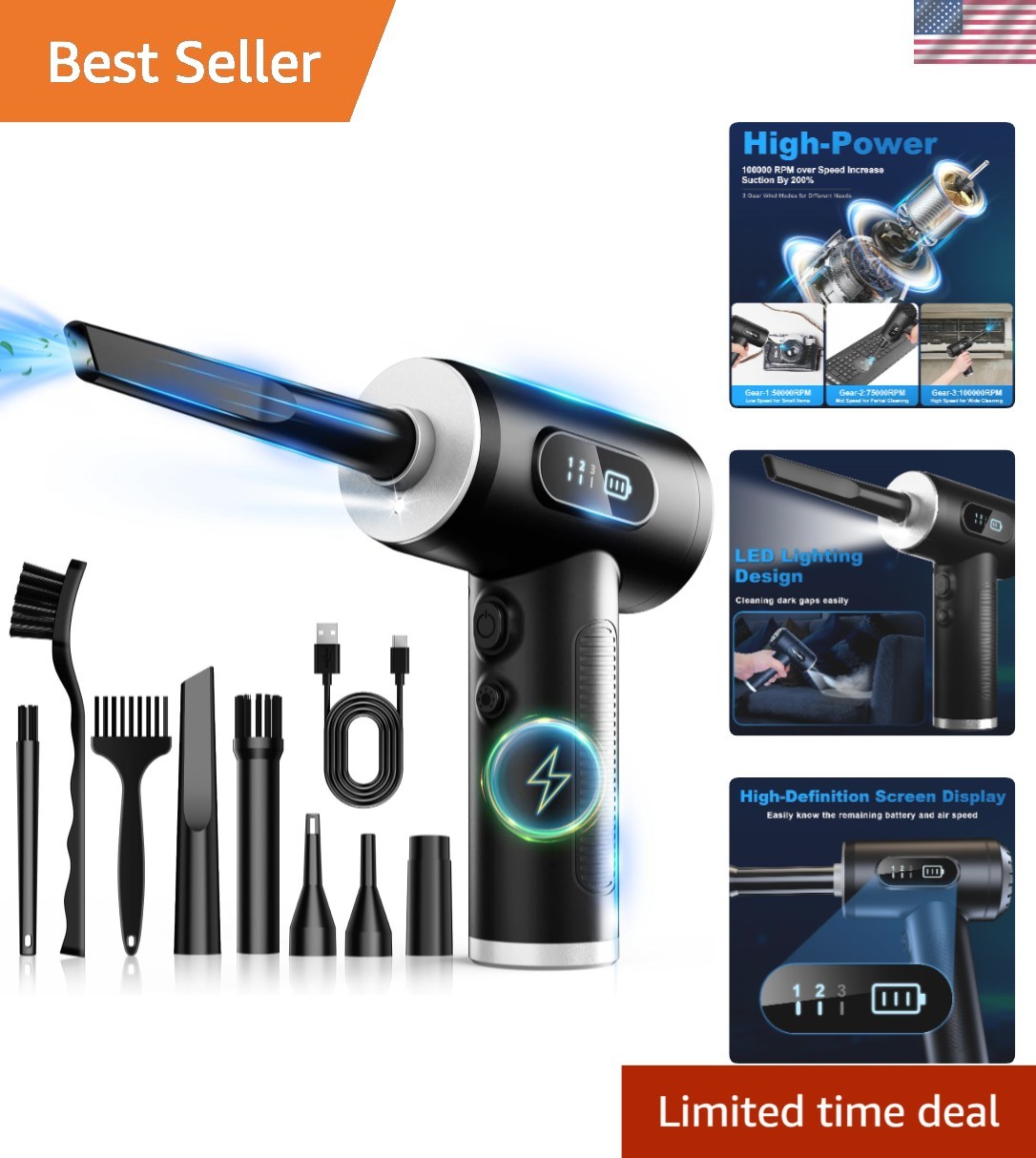 Rechargeable Electric Air Duster - 3 Speed Modes & LED Light for Ultimate Clean