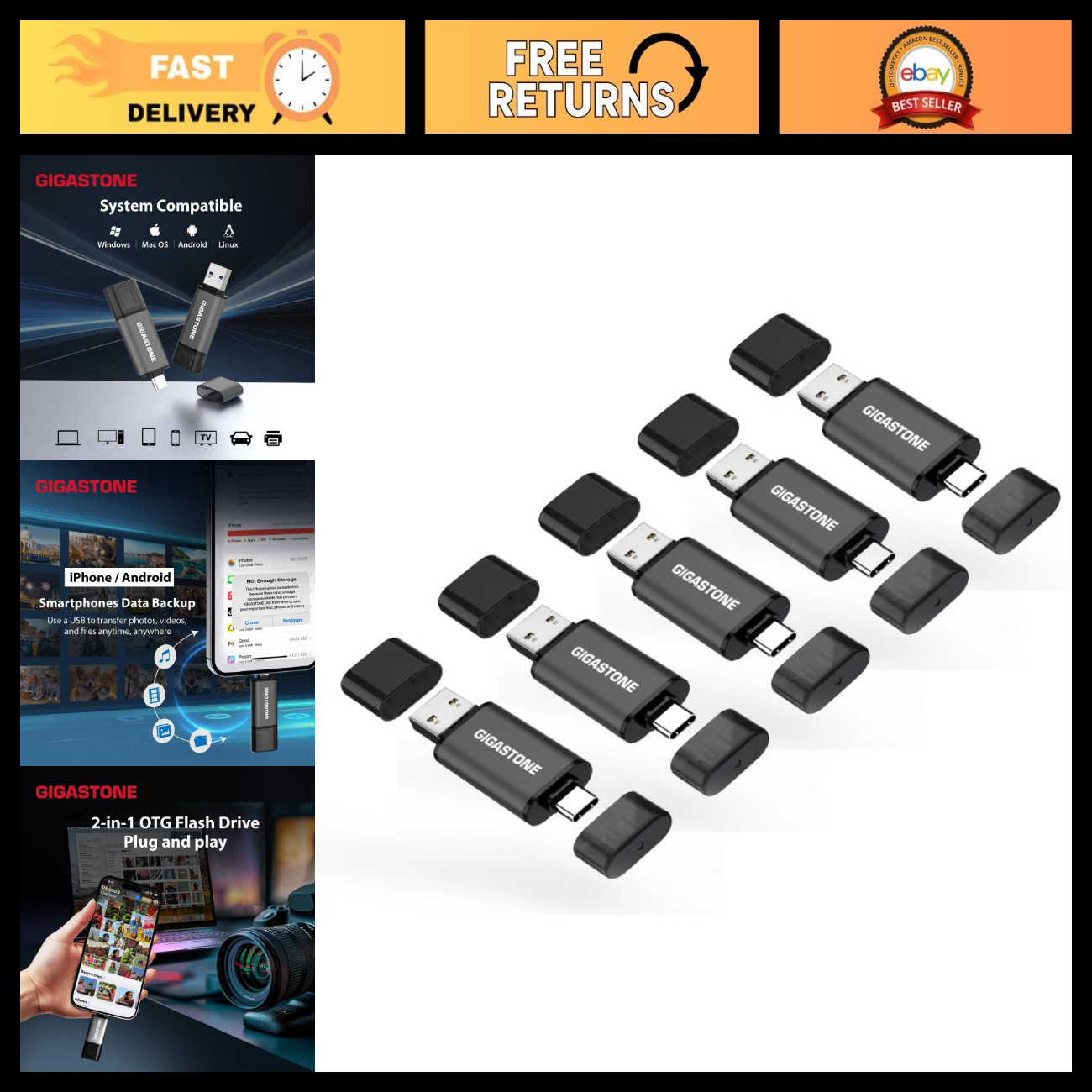 64GB Dual USB Flash Drive 5-Pack, USB 3.2 Gen 1, 2-in-1 USB C+A, 100MB/s Speed