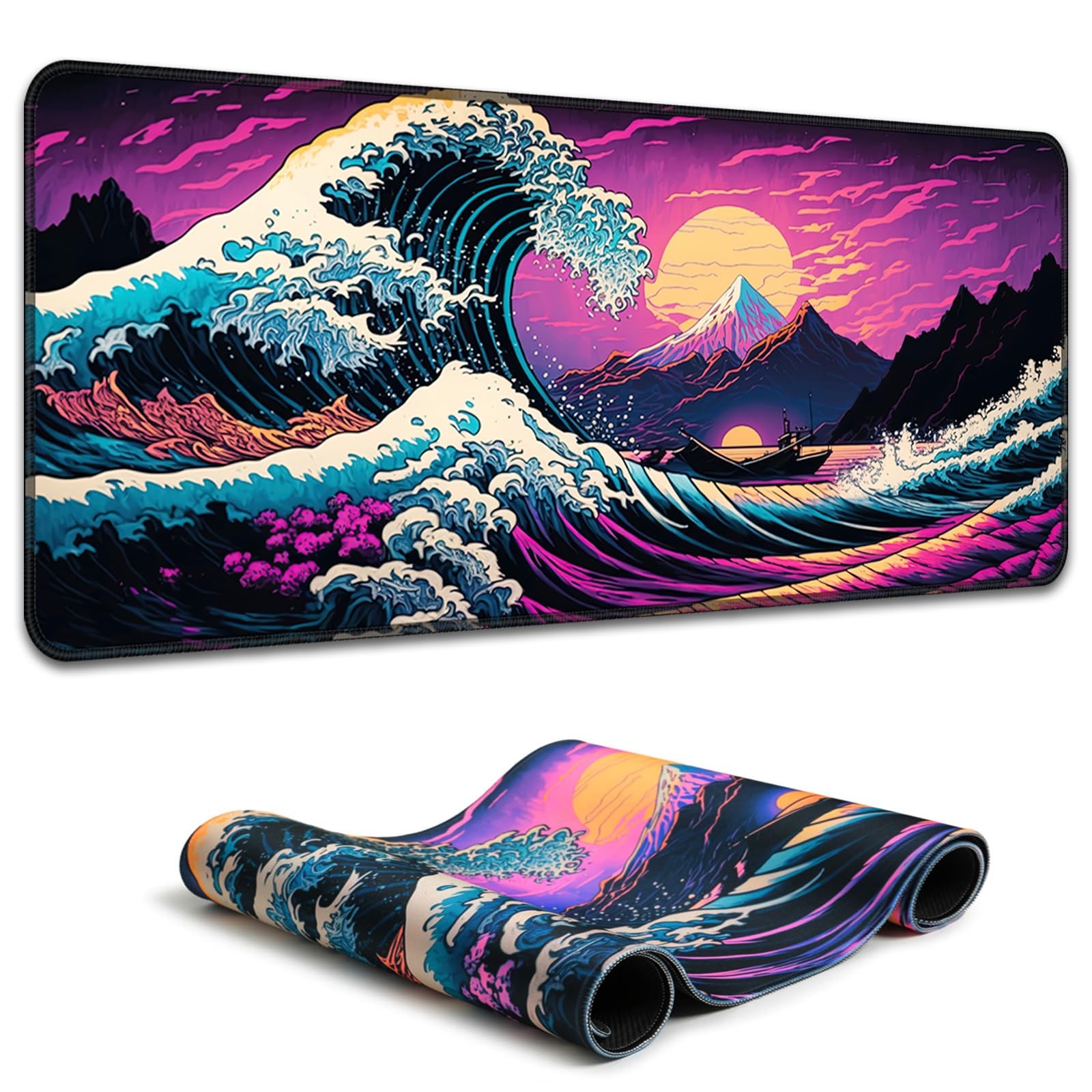 Japanese Sea Wave Mouse Pad, Blacklight Kanagawa Waterproof Gaming Extended L...