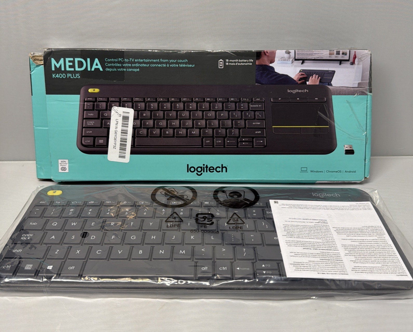 Logitech Media K400 Plus Wireless Touch Keyboard Built-in Touchpad Black Sealed