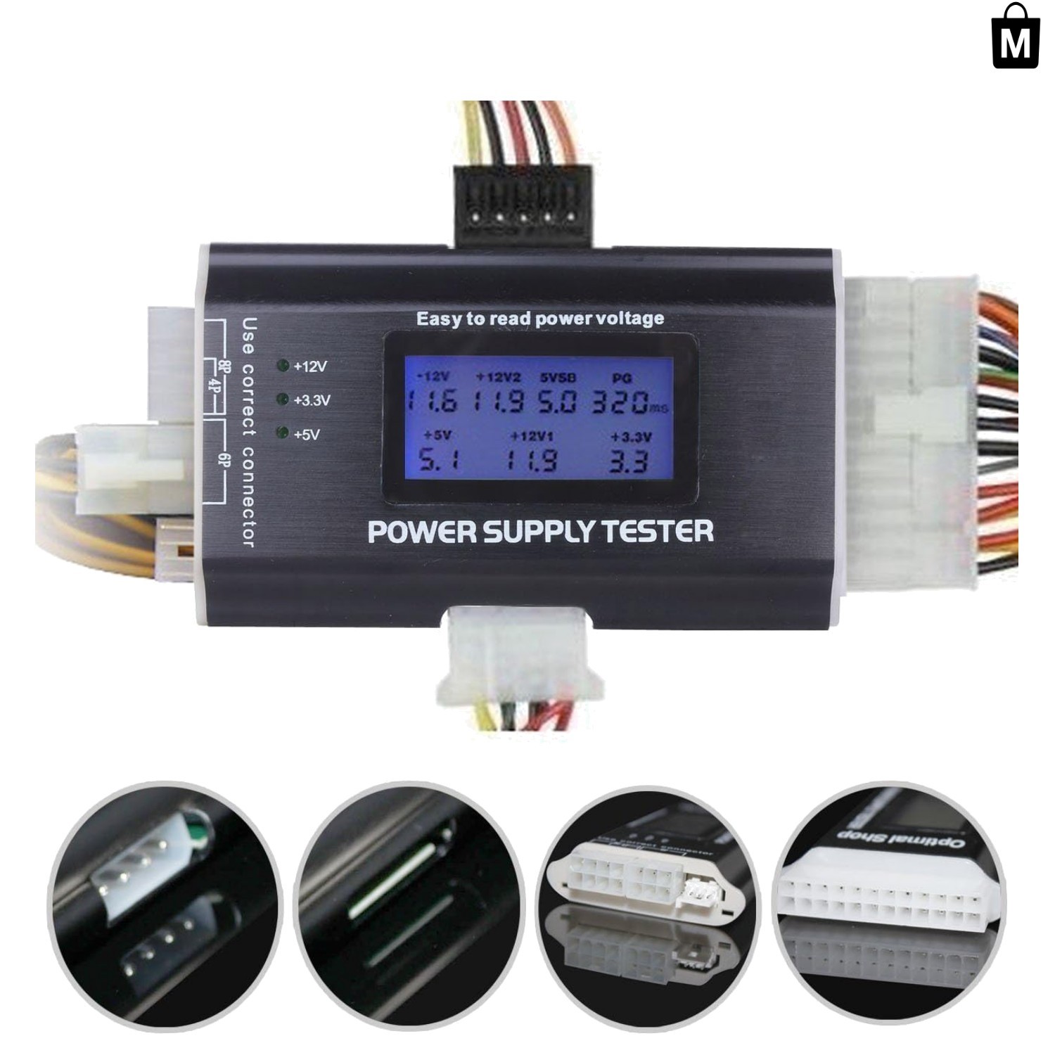 Compact 1.8" LCD 20+4 Pin Power Supply Tester with Buzzer Alarm - 8 Connectors