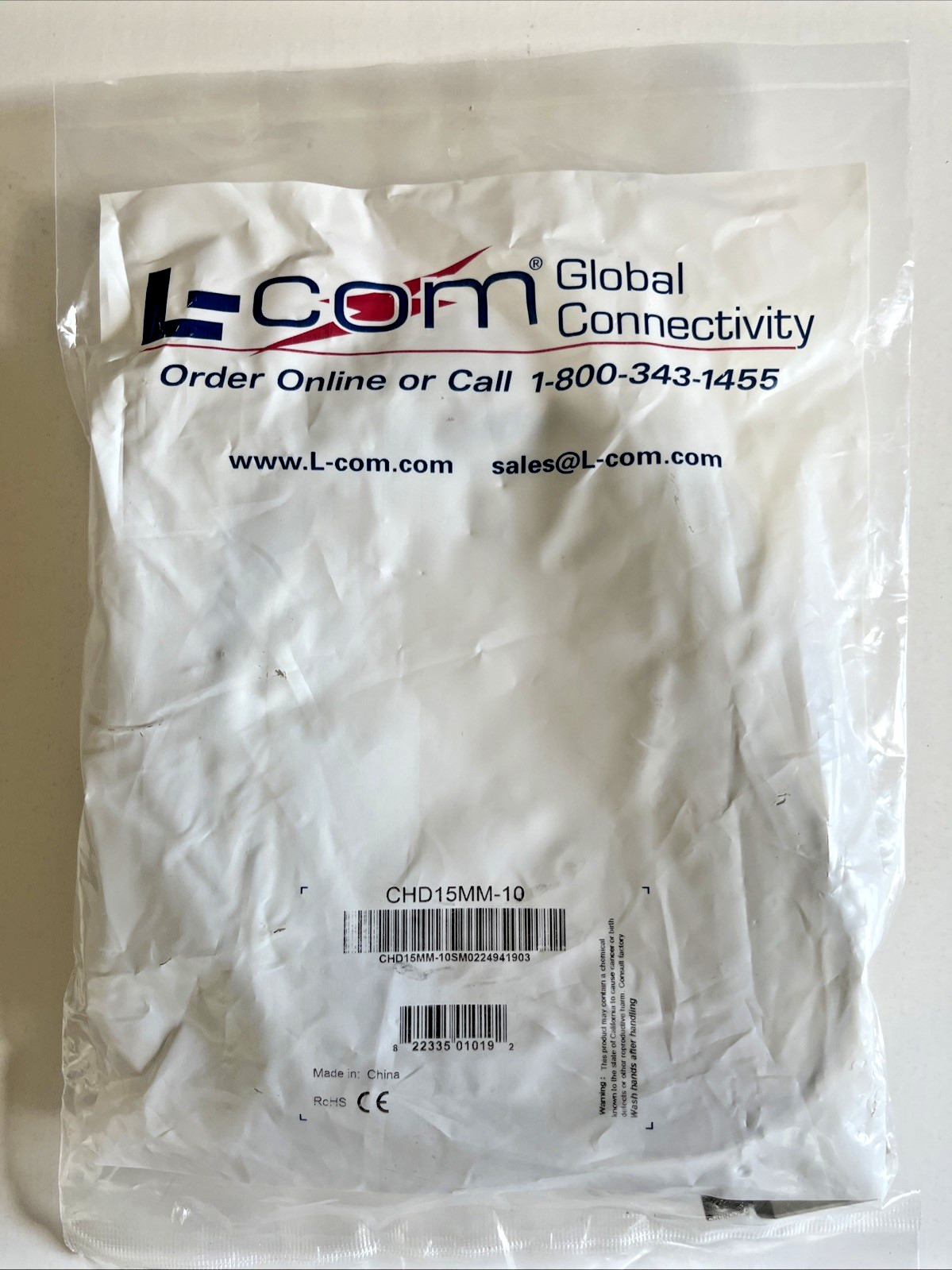 L-COM CHD15MM-10 Molded D-Sub Male/Male Cable 10' Grey 9-Pin | New-Sealed