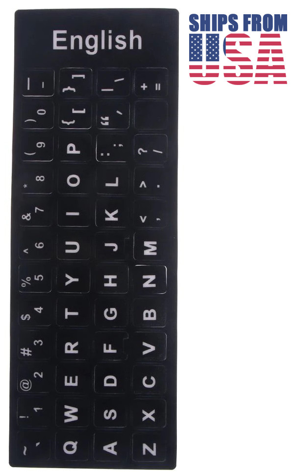 Replacement US English Keyboard Stickers - White on Solid Black, Durable